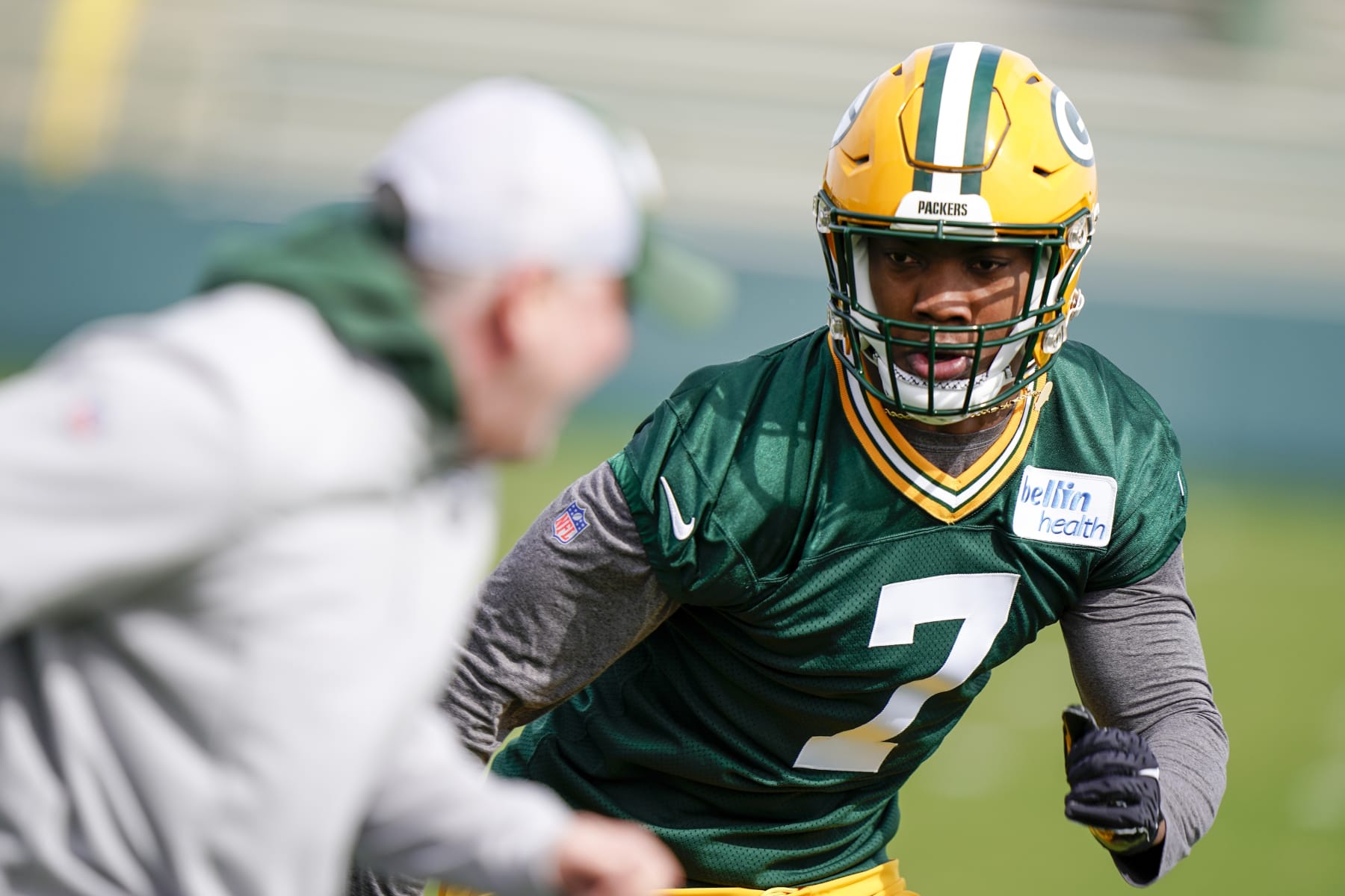 Green Bay Packers' Krys Barnes runs a drill at the NFL football