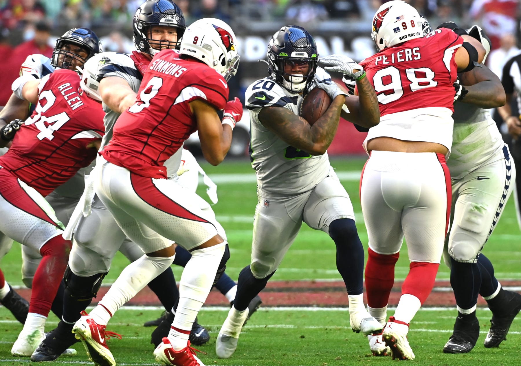 Seattle Seahawks offensive tackle Tommy Champion stretches during