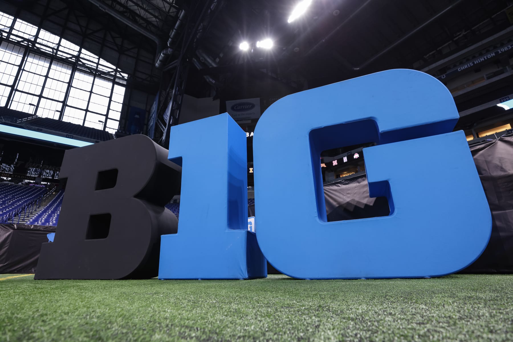 INDIANAPOLIS, IN - JULY 26: General view of the Big Ten Conference logo seen on the field during the 2022 Big Ten Conference Football Media Days at Lucas Oil Stadium on July 26, 2022 in Indianapolis, Indiana. (Photo by Michael Hickey/Getty Images)