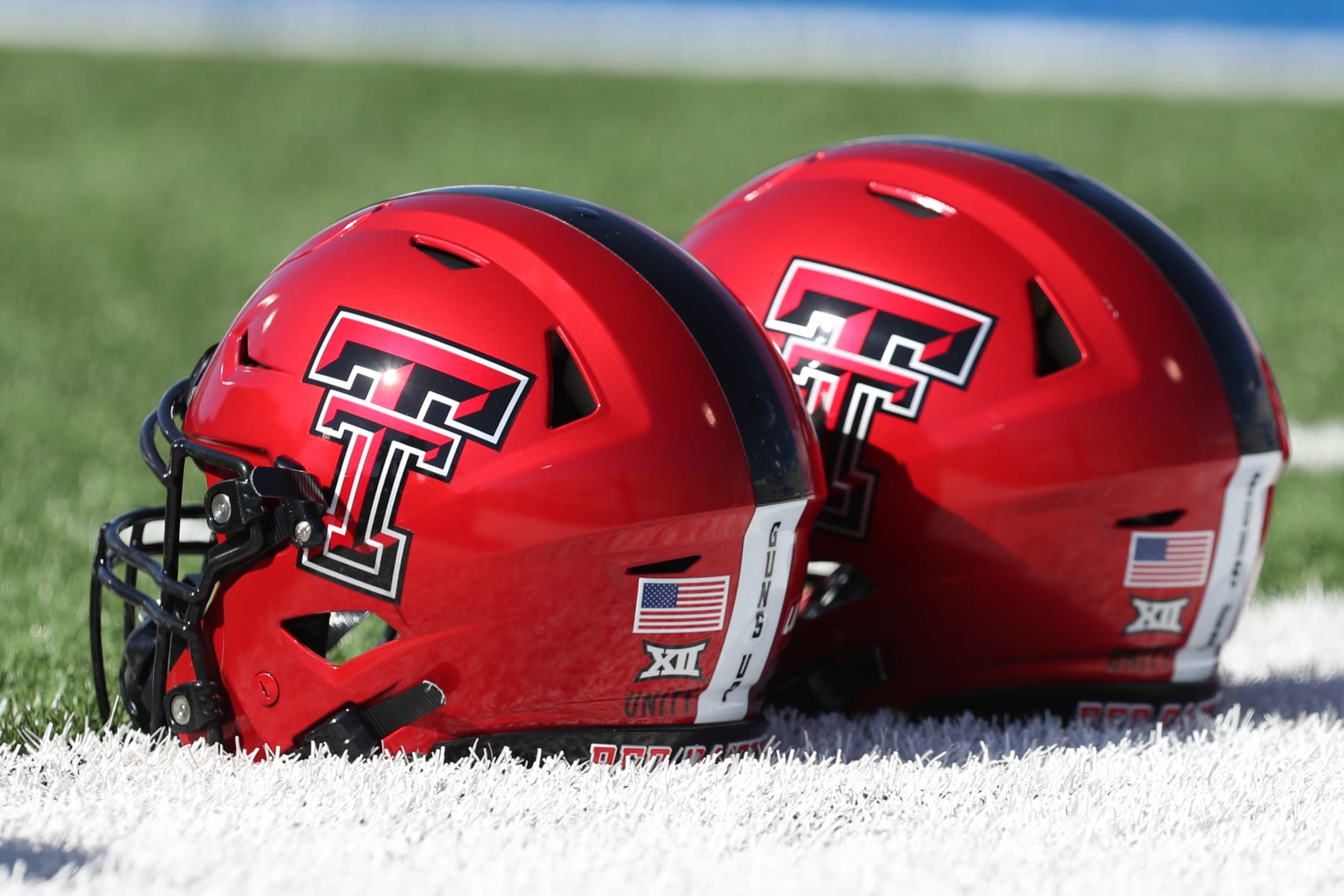 LAWRENCE, KS - OCTOBER 16: A view of Texas Tech Red Raiders helmets before a Big 12 football game between the Texas Tech Red Raiders and Kansas Jayhawks on Oct 16, 2021 at Memorial Stadium in Lawrence, KS. (Photo by Scott Winters/Icon Sportswire via Getty Images)