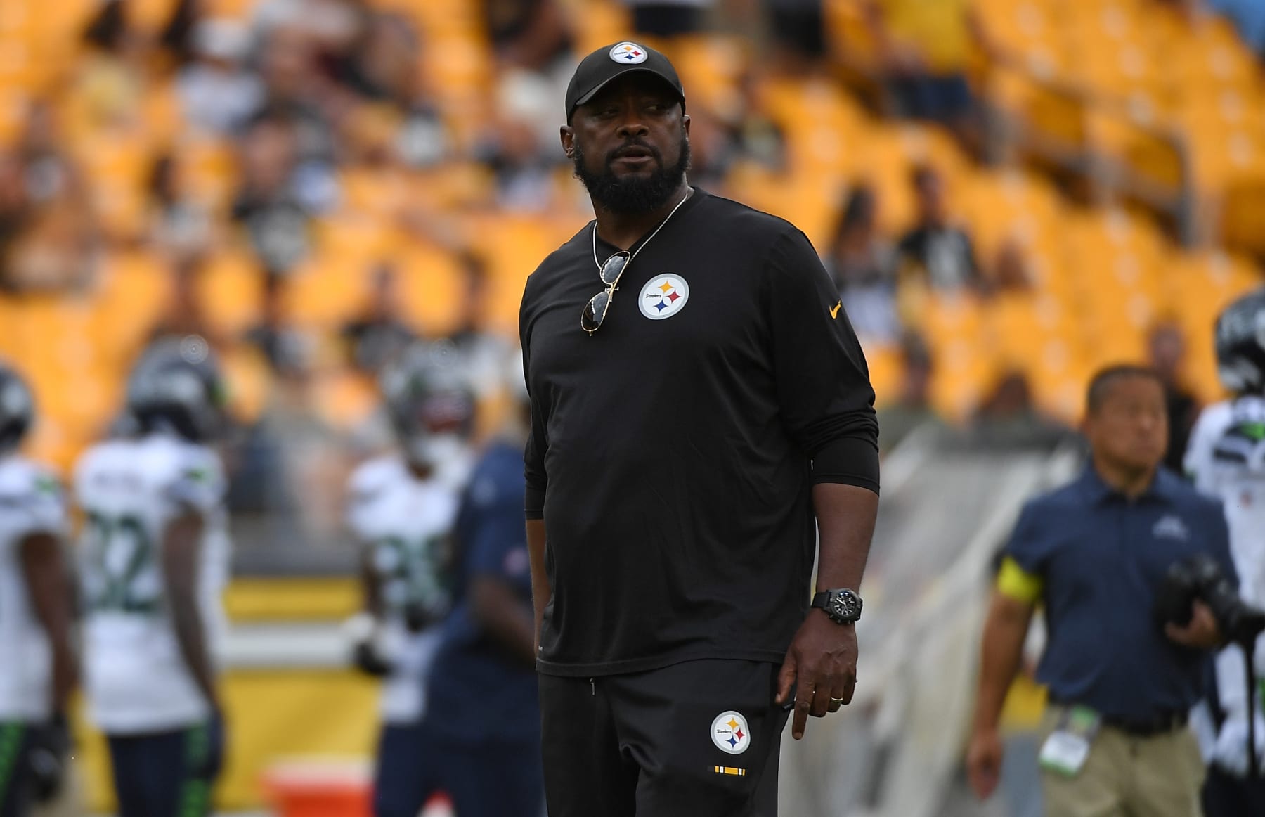 PITTSBURGH, PA - AUGUST 13: Head Coach Mike Tomlin of the Pittsburgh Steelers looks on during warm ups before a preseason game against the Seattle Seahawks at Acrisure Stadium on August 13, 2022 in Pittsburgh, Pennsylvania. (Photo by Justin Berl/Getty Images)