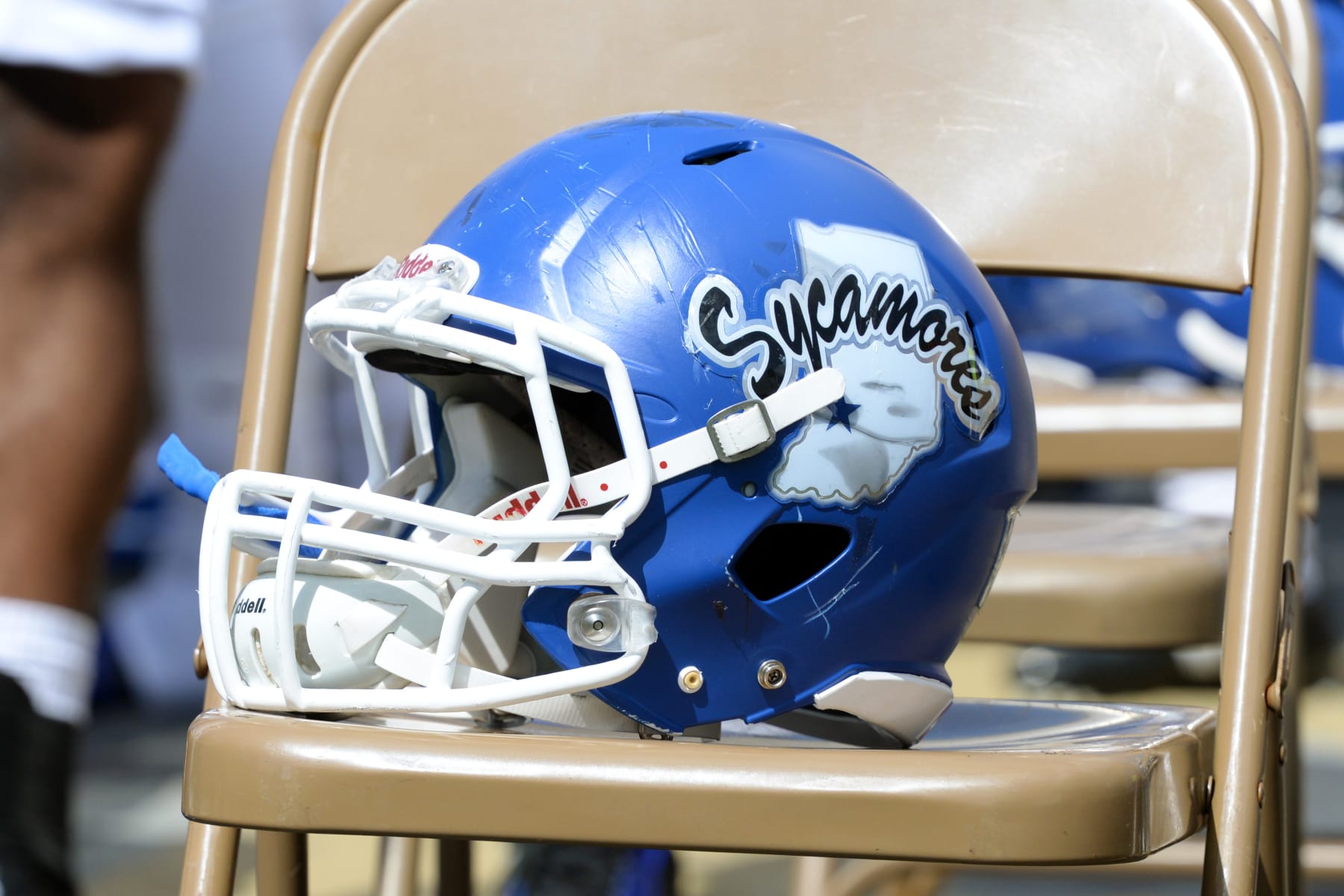 2015 September 12 | An Indiana State University Sycamores helmet sits on chair at Ross-Ade Stadium on the campus of Purdue University in West Lafayette, Indiana. (Photo by Michael Allio/Icon Sportswire/Corbis/Icon Sportswire via Getty Images)
