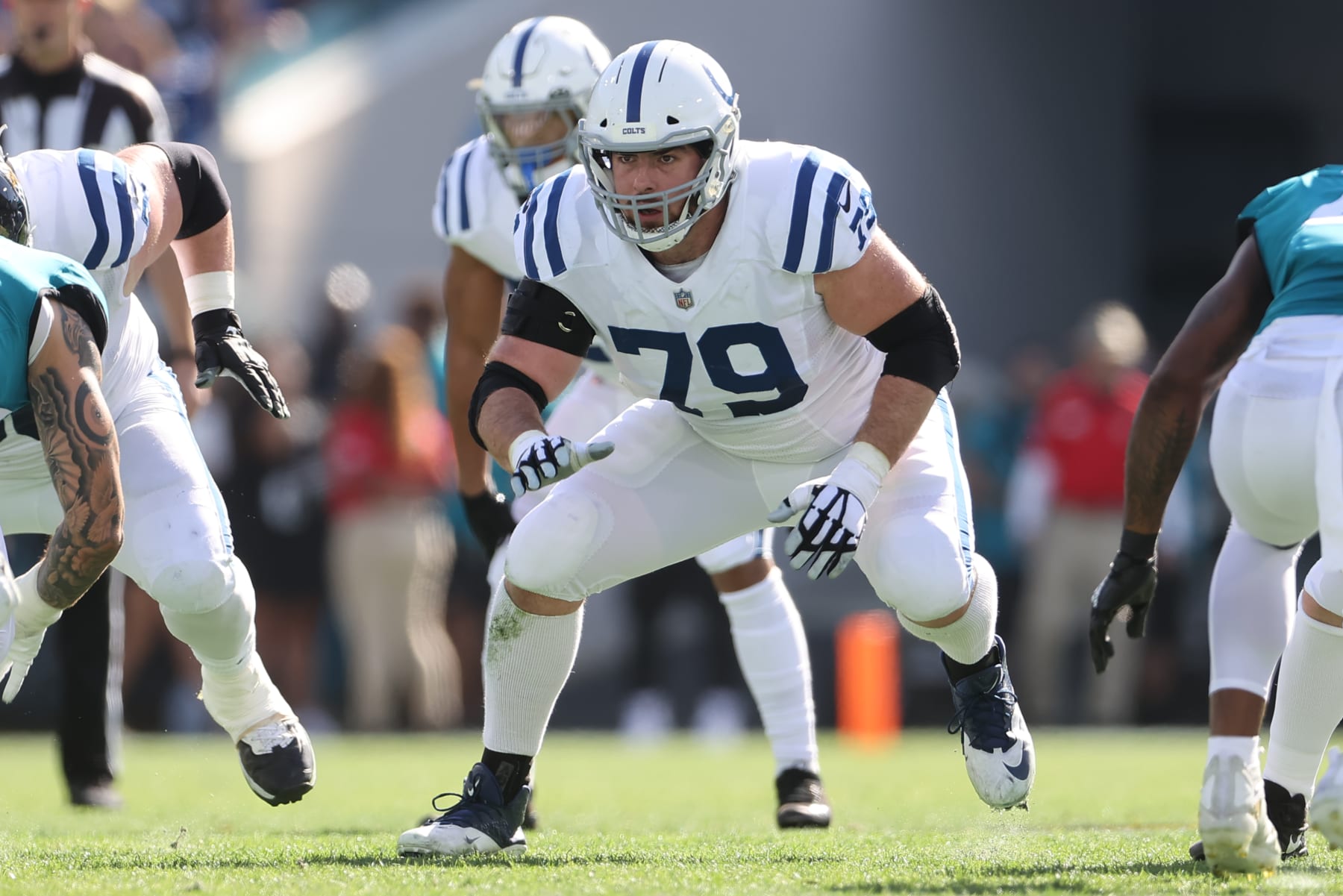 JACKSONVILLE, FL - JANUARY 09: Indianapolis Colts offensive tackle Eric Fisher (79) blocks during the game between the Indianapolis Colts and the Jacksonville Jaguars on January 9, 2022 at TIAA Bank Field in Jacksonville, FL (Photo by Icon Sportswire) JACKSONVILLE, FL - JANUARY 09: Indianapolis Colts offensive tackle Eric Fisher (79) blocks during the game between the Indianapolis Colts and the Jacksonville Jaguars on January 9, 2022 at TIAA Bank Field in Jacksonville, FL (Photo by Icon Sportswire)
