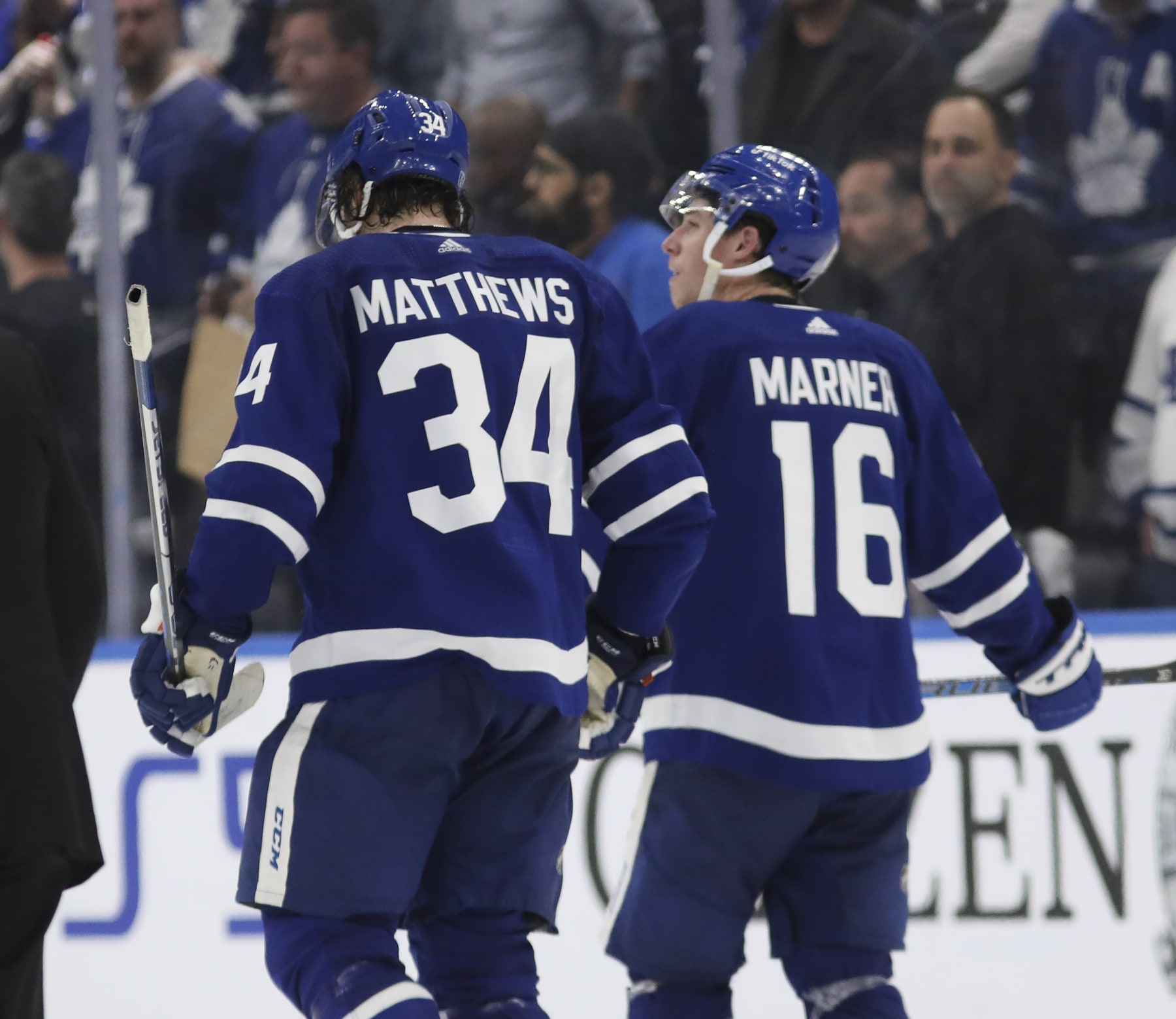 TORONTO, ON - May 14 At the end of the game Auston Matthews (34) of the Toronto Maple Leafs and Mitchell Marner (16) of the Toronto Maple Leafs skate off the ice together.
The Toronto Maple Leafs lost to the Tampa Bay Lightning in NHL hockey action at the Scotiabank Arena in Toronto to exit this year's playoffs. This is the seventh game of the first round of playoffs
May 14 2022 (Richard Lautens/Toronto Star via Getty Images)