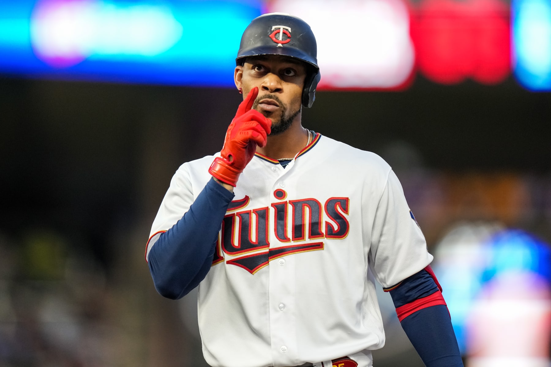 MINNEAPOLIS, MN - AUGUST 16: Byron Buxton #25 of the Minnesota Twins celebrates against the Kansas City Royals on August 16, 2022 at Target Field in Minneapolis, Minnesota. (Photo by Brace Hemmelgarn/Minnesota Twins/Getty Images)
