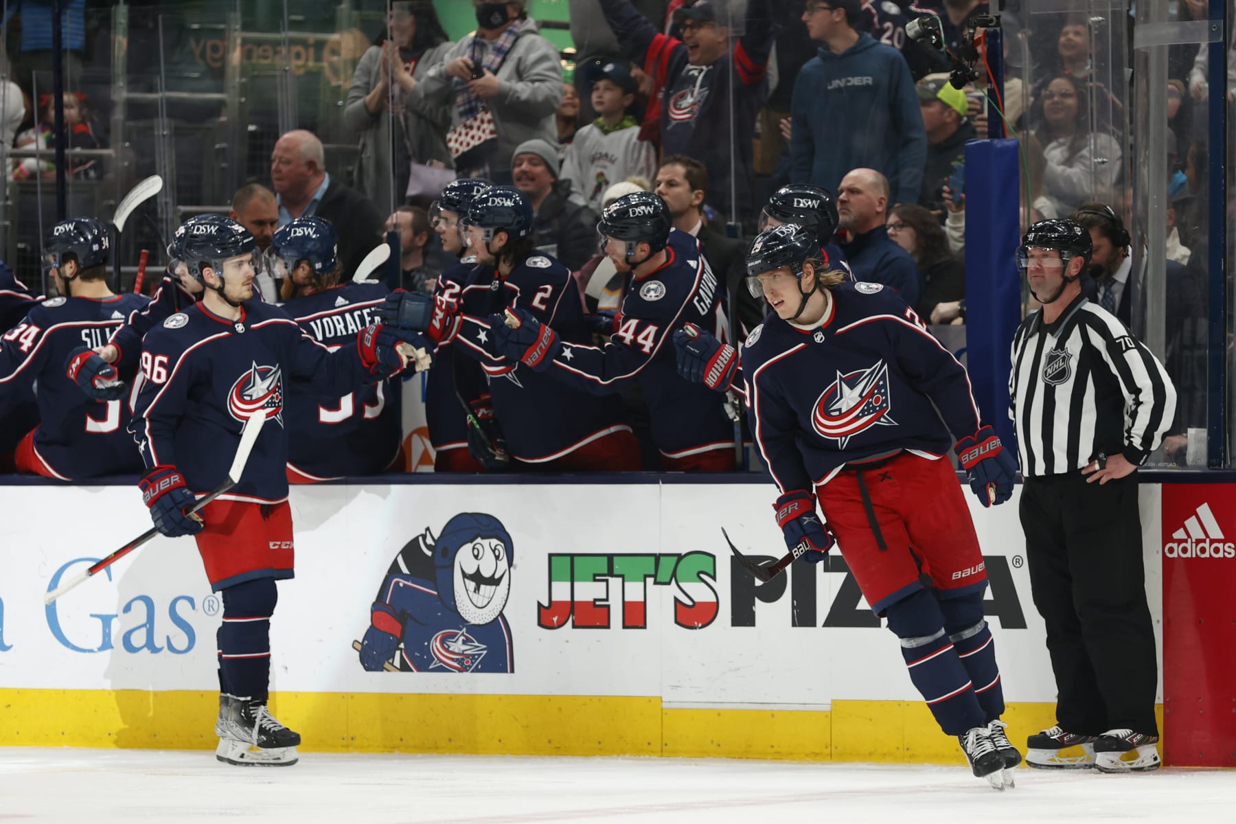 COLUMBUS, OH - MARCH 19: Columbus Blue Jackets left wing Patrik Laine (29) celebrates a second period goal during the game between the Columbus Blue Jackets and the St. Louis Blues on March 19, 2022, at Nationwide Arena in Columbus, Ohio. (Photo by Graham Stokes/Icon Sportswire via Getty Images)
