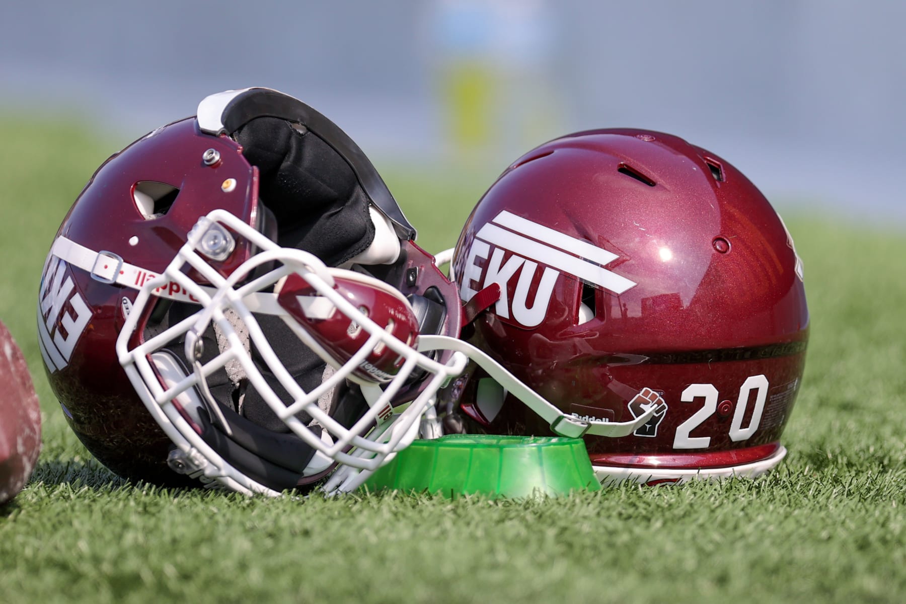 MORGANTOWN, WV - SEPTEMBER 12: Eastern Kentucky Colonels helmets sit on the sideline during the first quarter of the college football game between the Eastern Kentucky Colonels and the West Virginia Mountaineers on September 12, 2020, at Mountaineer Field at Milan Puskar Stadium in Morgantown, WV. (Photo by Frank Jansky/Icon Sportswire via Getty Images)