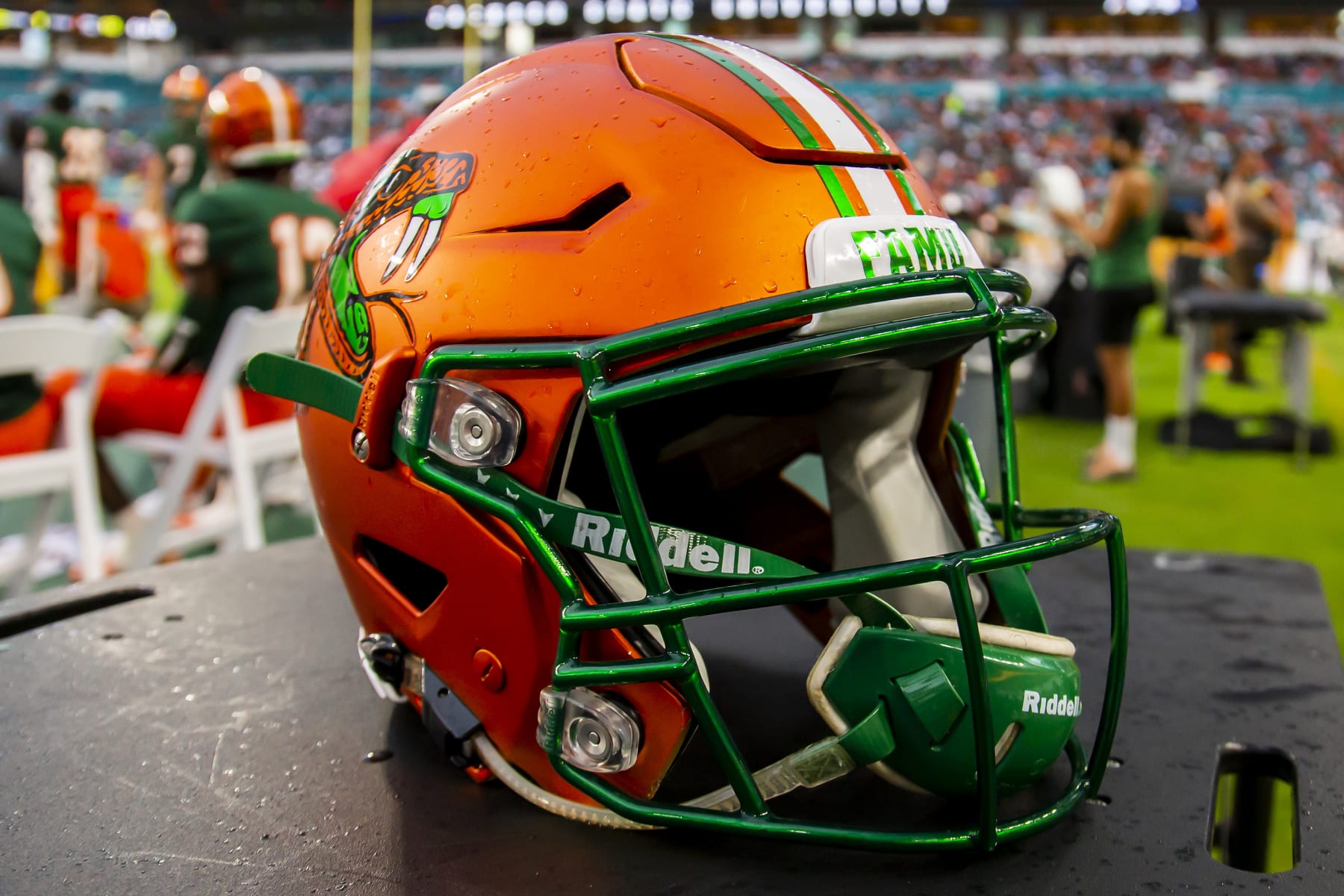 MIAMI GARDENS, FL - SEPTEMBER 05: A FAMU helmet sits atop a table during the Orange Blossom Classic game between the Florida A&M Rattlers and the Jackson State Tigers on Sunday September 5th, 2021 at Hard Rock Stadium in Miami Gardens, FL. (Photo by Nick Tre. Smith/Icon Sportswire via Getty Images)