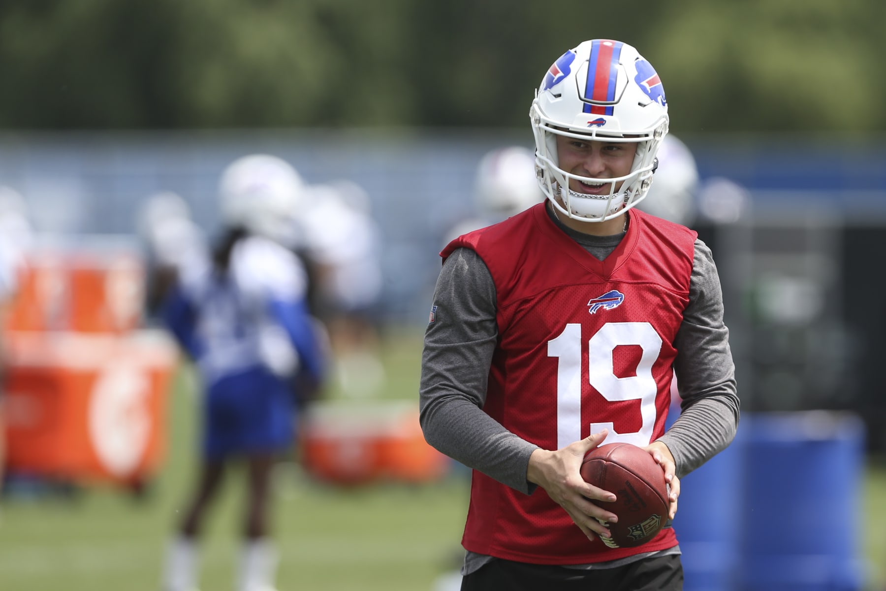 ORCHARD PARK, NEW YORK - JUNE 15: Matt Araiza #19 of the Buffalo Bills smiles during Bills mini camp on June 15, 2022 in Orchard Park, New York. (Photo by Joshua Bessex/Getty Images)