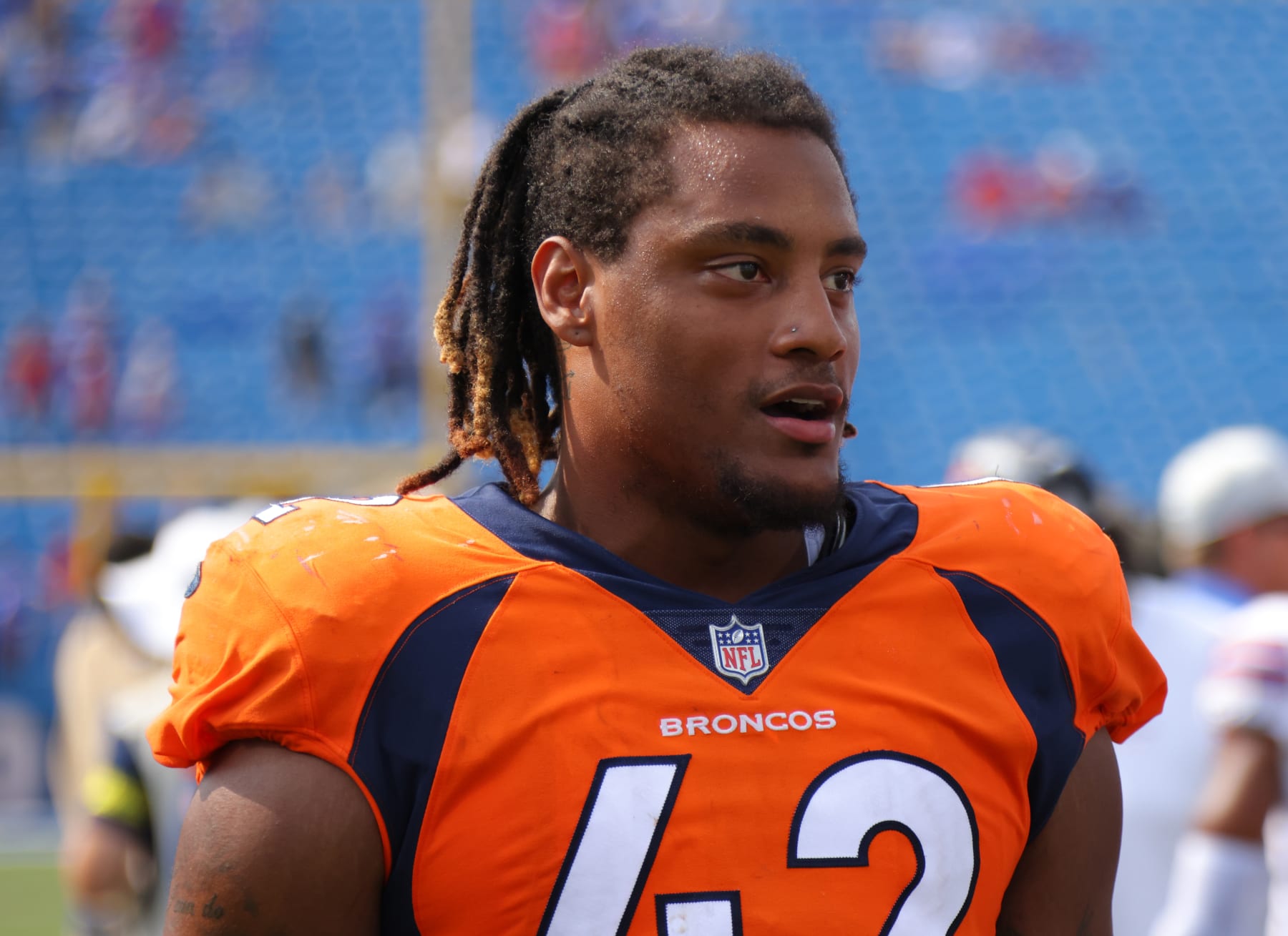 Denver Broncos defensive lineman Jonathan Harris (92) plays against the Tennessee  Titans during the first half of an NFL football game Sunday, Nov. 13, 2022,  in Nashville, Tenn. (AP Photo/Mark Zaleski Stock