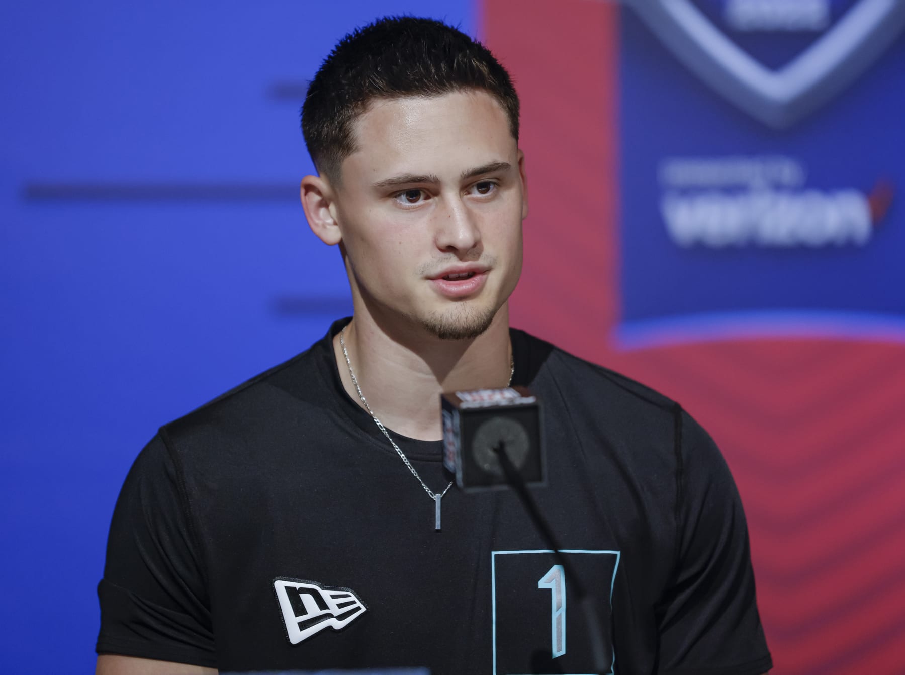INDIANAPOLIS, IN - MARCH 5: Matt Araiza #PK01 of the San Diego State Aztecs speaks to reporters during the NFL Draft Combine at the Indiana Convention Center on March 5, 2022 in Indianapolis, Indiana. (Photo by Michael Hickey/Getty Images)