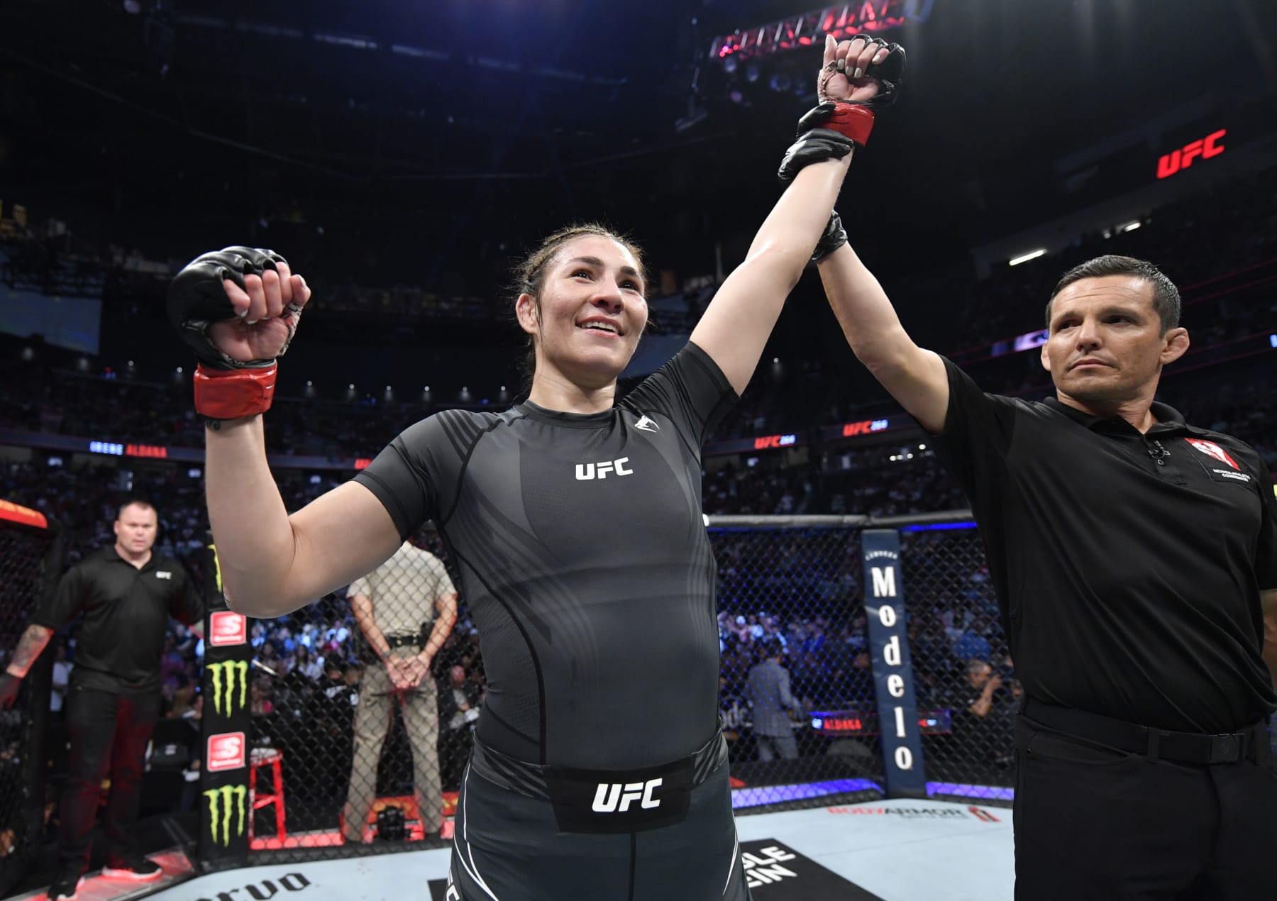 LAS VEGAS, NEVADA - JULY 10: Irene Aldana of Mexico reacts after her TKO victory over Yana Kunitskaya of Russia in their bantamweight fight during the UFC 264 event at T-Mobile Arena on July 10, 2021 in Las Vegas, Nevada. (Photo by Jeff Bottari/Zuffa LLC)