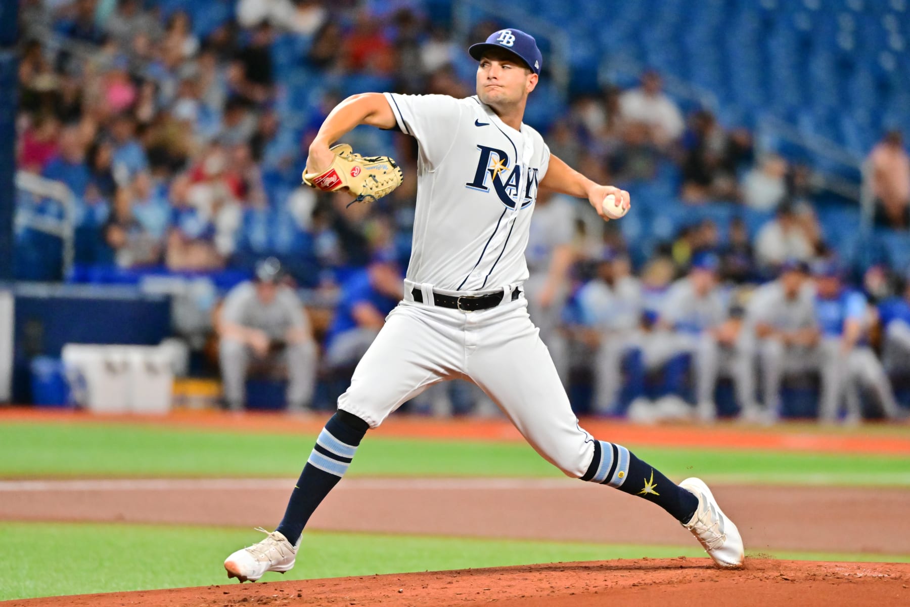 ST PETERSBURG, FLORIDA - AUGUST 19: Shane McClanahan #18 of the Tampa Bay Rays delivers a pitch against the Kansas City Royals in the second inning at Tropicana Field on August 19, 2022 in St Petersburg, Florida. (Photo by Julio Aguilar/Getty Images)