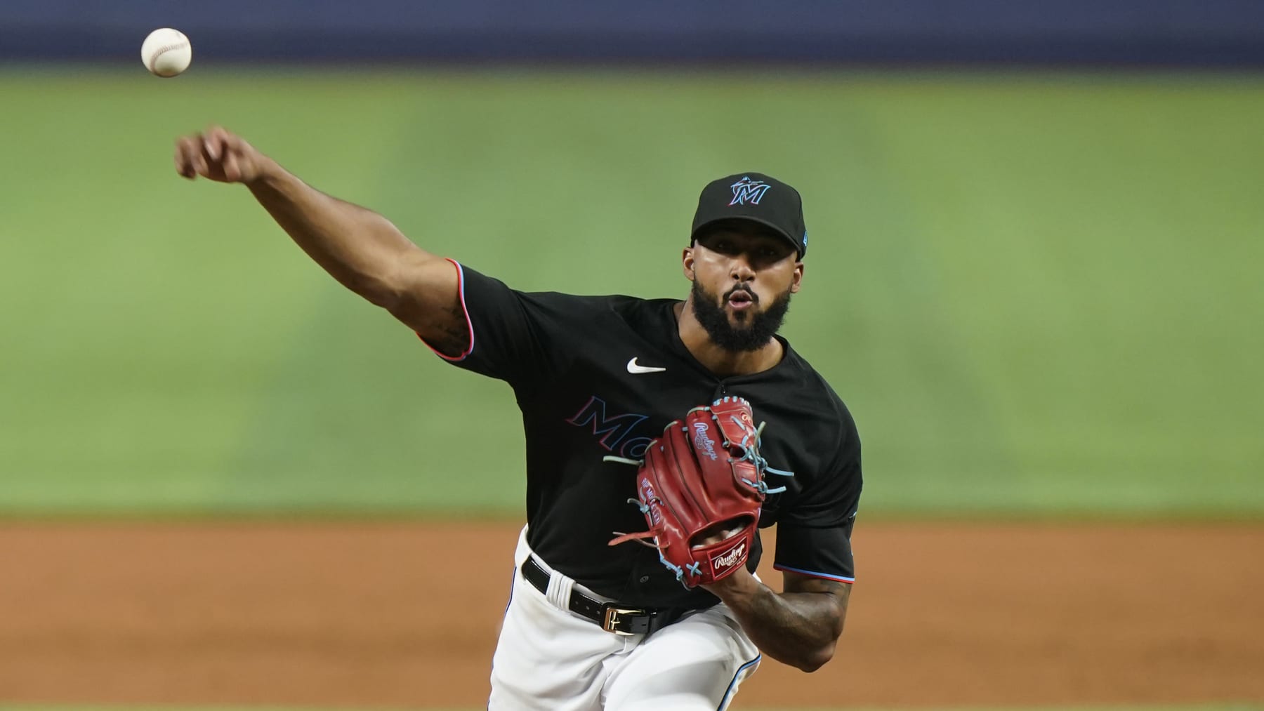 Miami Marlins' Sandy Alcantara pitches during the third inning of a baseball game against the New York Mets, Friday, July 29, 2022, in Miami. (AP Photo/Wilfredo Lee)