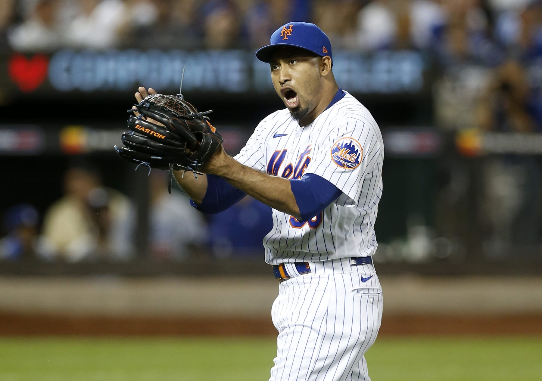 NEW YORK, NEW YORK - AUGUST 31: Edwin Diaz #39 of the New York Mets reacts after the final out of a game against the Los Angeles Dodgers at Citi Field on August 31, 2022 in New York City. (Photo by Jim McIsaac/Getty Images)