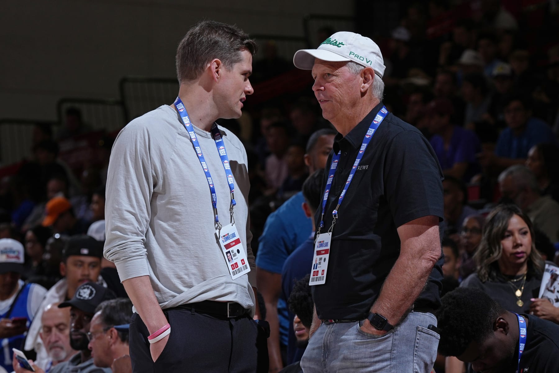 LAS VEGAS, NV - JULY 11: Will Hardy of the Utah Jazz talks with Danny Ainge of the Utah Jazz during the game against the Dallas Mavericks during the 2022 Summer League on July 11, 2022 at the Cox Pavilion in Las Vegas, Nevada. NOTE TO USER: User expressly acknowledges and agrees that, by downloading and/or using this Photograph, user is consenting to the terms and conditions of the Getty Images License Agreement. Mandatory Copyright Notice: Copyright 2022 NBAE (Photo by Jeff Bottari/NBAE via Getty Images)