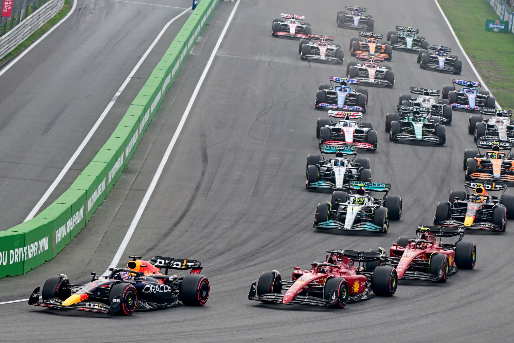 Red Bull Racing's Dutch driver Max Verstappen leads at the start of the Dutch Formula One Grand Prix at the Zandvoort circuit on September 4, 2022. (Photo by ANDREJ ISAKOVIC / AFP) (Photo by ANDREJ ISAKOVIC/AFP via Getty Images)
