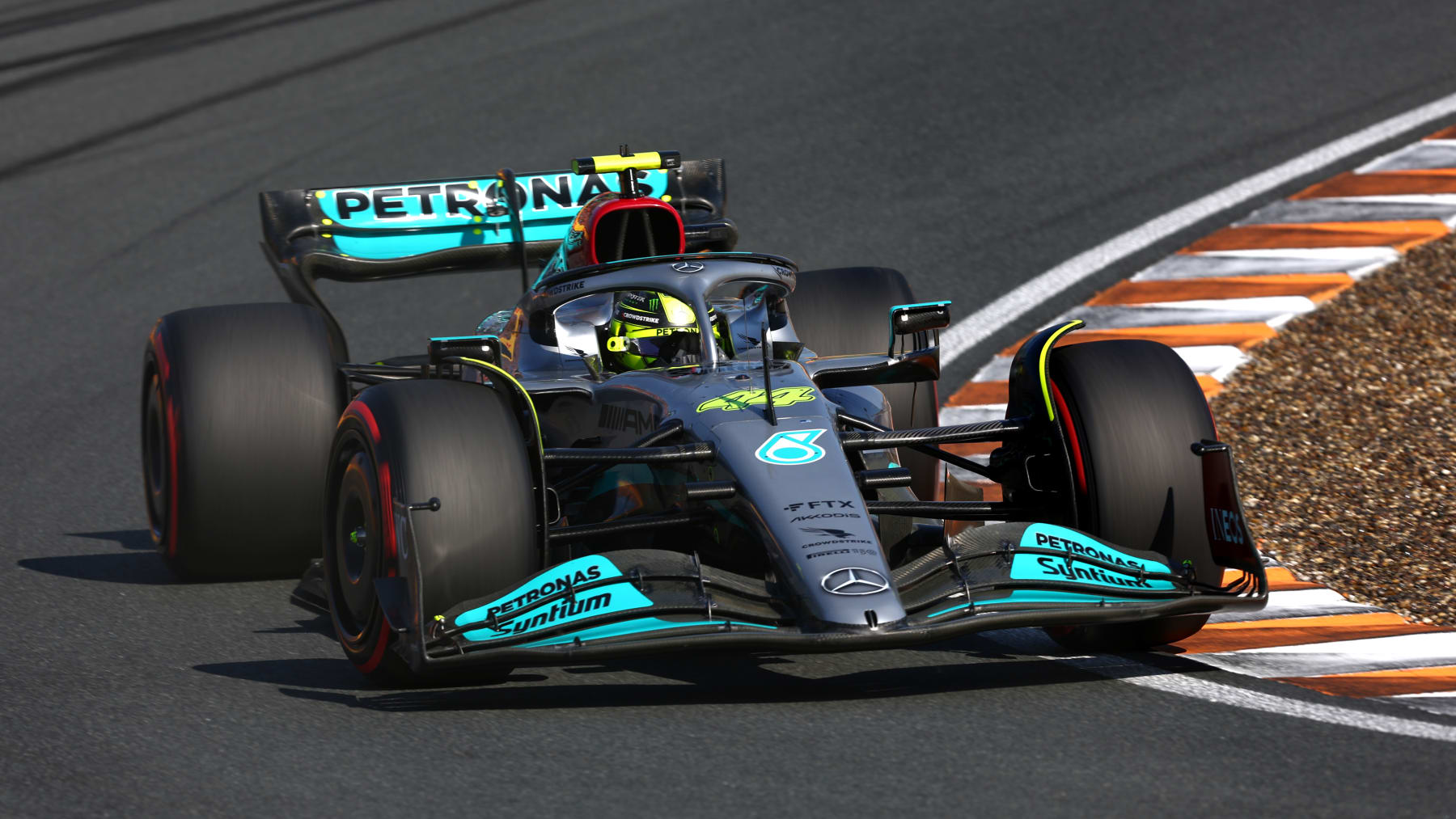 ZANDVOORT, NETHERLANDS - SEPTEMBER 03: Lewis Hamilton of Great Britain driving the (44) Mercedes AMG Petronas F1 Team W13 on track during qualifying ahead of the F1 Grand Prix of The Netherlands at Circuit Zandvoort on September 03, 2022 in Zandvoort, Netherlands. (Photo by Lars Baron - Formula 1/Formula 1 via Getty Images)
