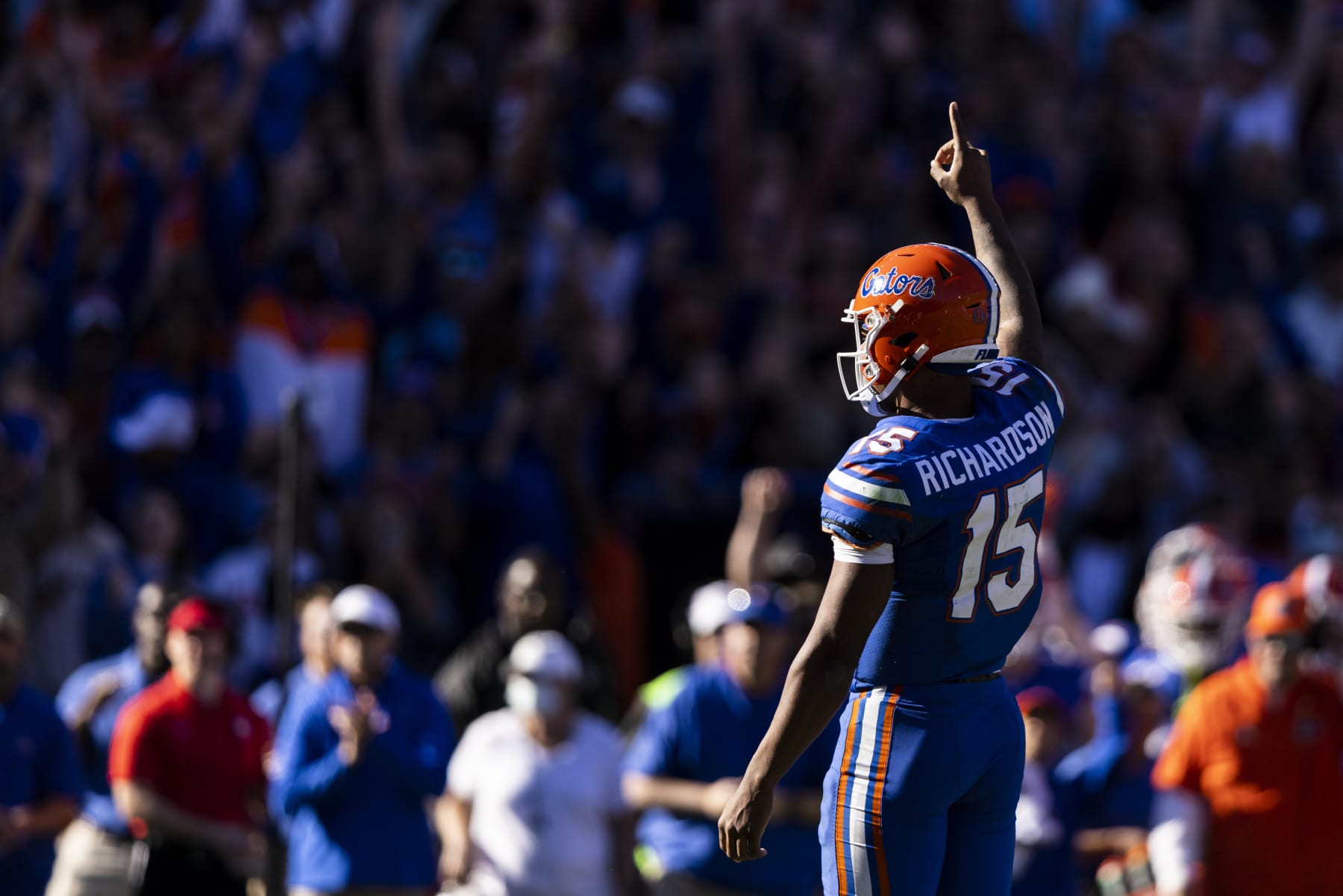 GAINESVILLE, FLORIDA - NOVEMBER 27: Anthony Richardson #15 of the Florida Gators celebrates a touchdown during the fourth quarter of a game against the Florida State Seminoles at Ben Hill Griffin Stadium on November 27, 2021 in Gainesville, Florida. (Photo by James Gilbert/Getty Images)