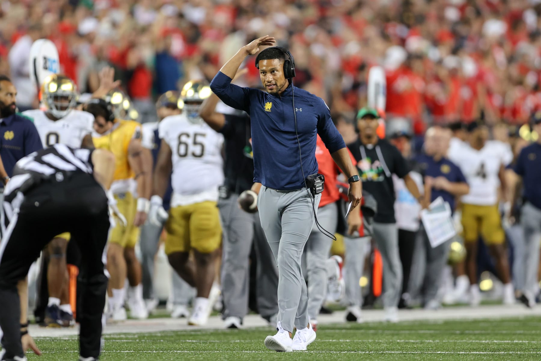 COLUMBUS, OH - SEPTEMBER 03: Notre Dame Fighting Irish head coach Marcus Freeman argues a pass interference call during first quarter of the college football game between the Notre Dame Fighting Irish and Ohio State Buckeyes on September 3, 2022, at Ohio Stadium in Columbus, OH. (Photo by Frank Jansky/Icon Sportswire via Getty Images)