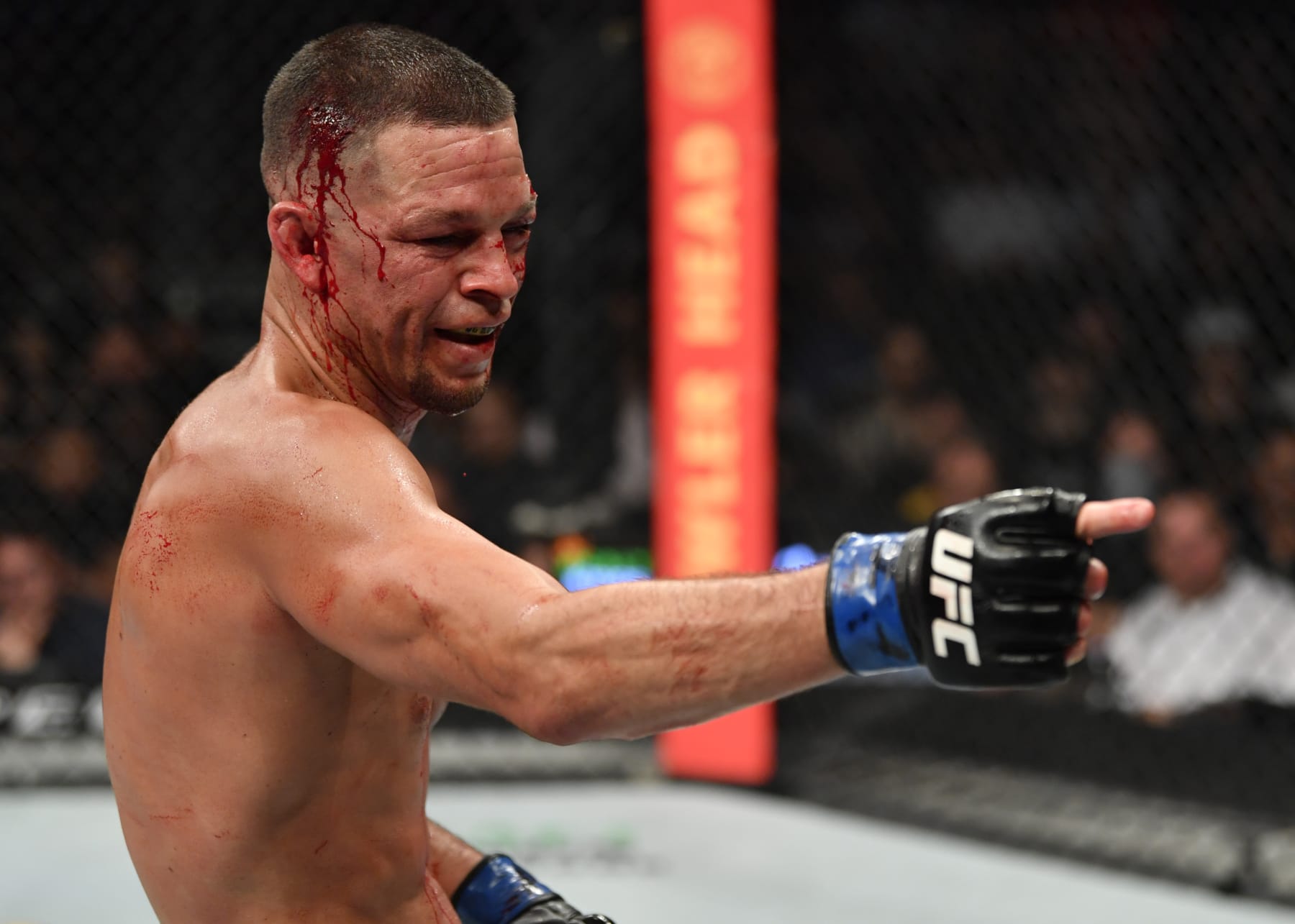 GLENDALE, ARIZONA - JUNE 12: Nate Diaz taunts Leon Edwards of Jamaica in their welterweight fight during the UFC 263 event at Gila River Arena on June 12, 2021 in Glendale, Arizona. (Photo by Jeff Bottari/Zuffa LLC)