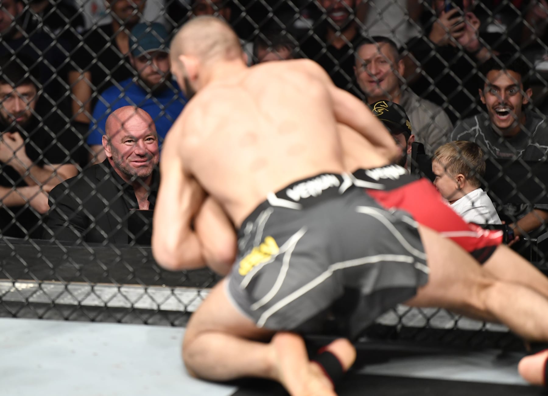 ABU DHABI, UNITED ARAB EMIRATES - OCTOBER 30: UFC president Dana White looks on during a welterweight fight between Khamzat Chimaev of Sweden and Li Jingliang of China during the UFC 267 event at Etihad Arena on October 30, 2021 in Yas Island, Abu Dhabi, United Arab Emirates. (Photo by Chris Unger/Zuffa LLC)