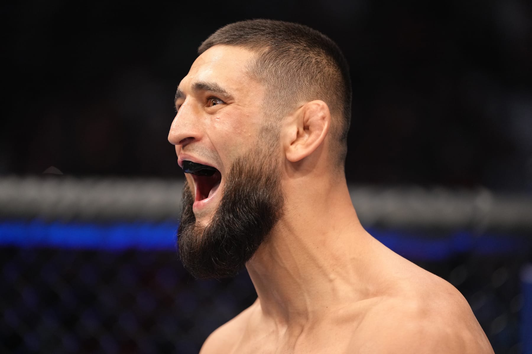 JACKSONVILLE, FLORIDA - APRIL 09: Khamzat Chimaev of Russia prepares to fight Gilbert Burns of Brazil in their welterweight fight during the UFC 273 event at VyStar Veterans Memorial Arena on April 09, 2022 in Jacksonville, Florida. (Photo by Jeff Bottari/Zuffa LLC)