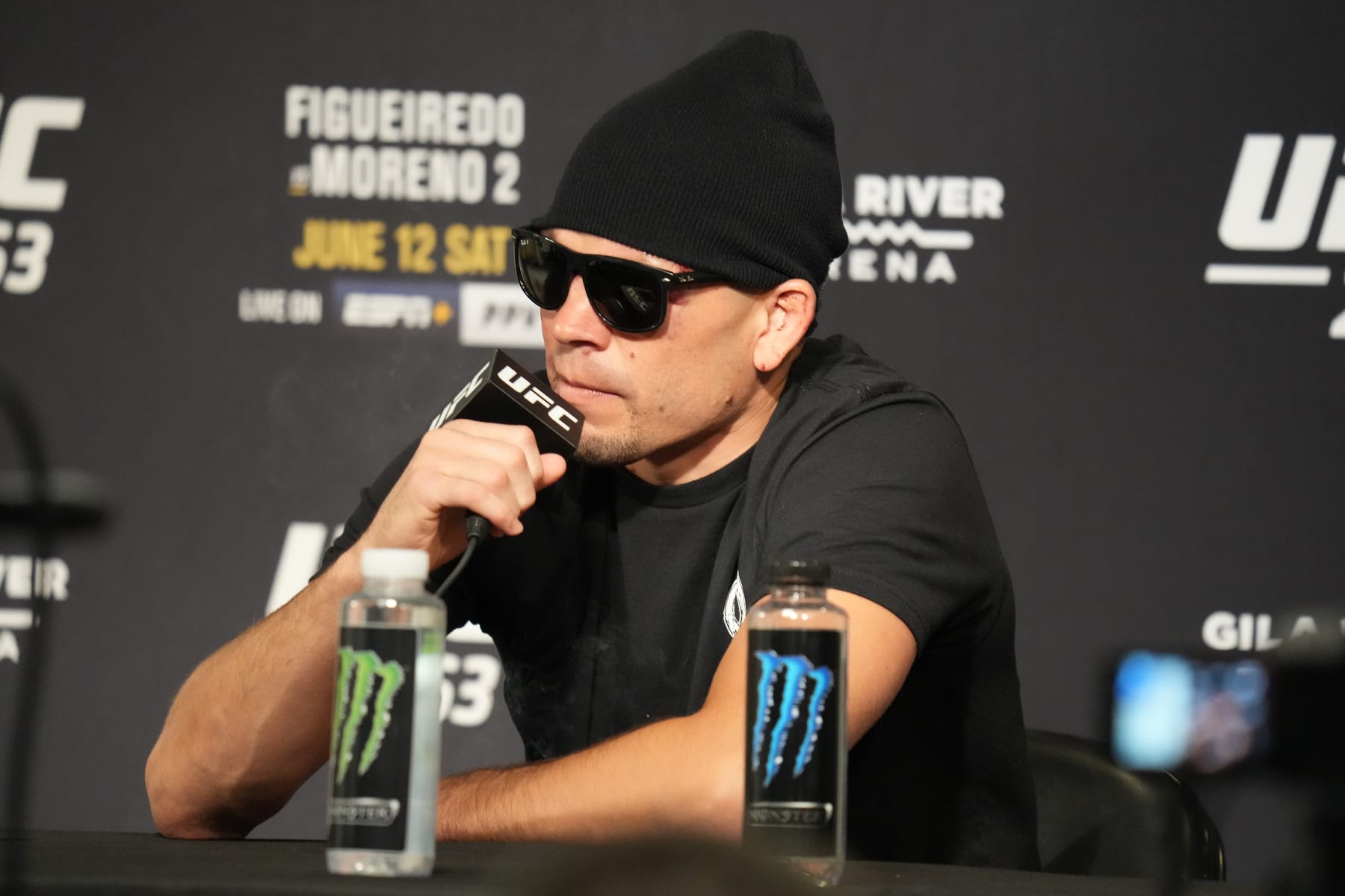 GLENDALE, AZ - JUNE 12: Nate Diaz meets with the press following his match at UFC 263 on June 12, 2021, at Gila River Arena in Glendale, AZ. (Photo by Louis Grasse/PxImages/Icon Sportswire via Getty Images)