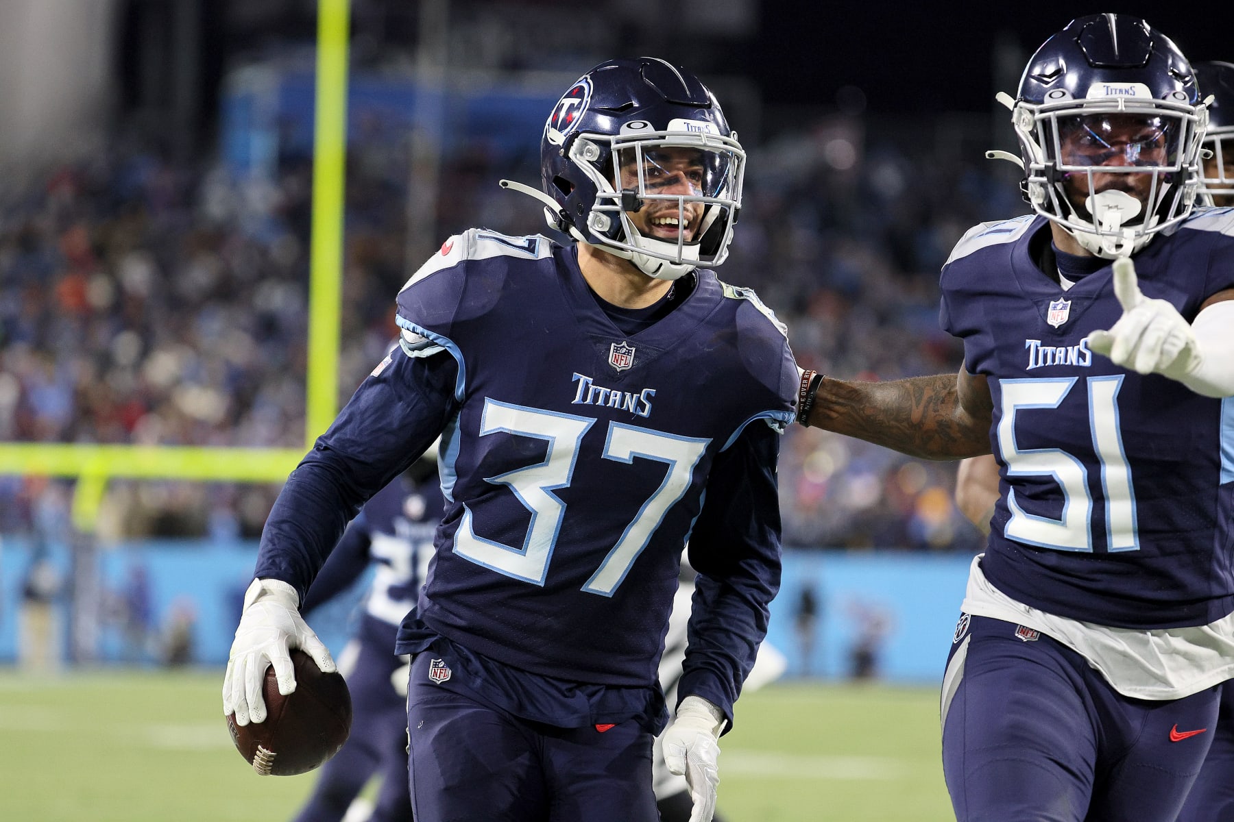 Tennessee Titans safety Amani Hooker (37) lines up during the first half of  a preseason NFL football game against the Atlanta Falcons, Friday, Aug. 13,  2021, in Atlanta. The Tennessee Titans won