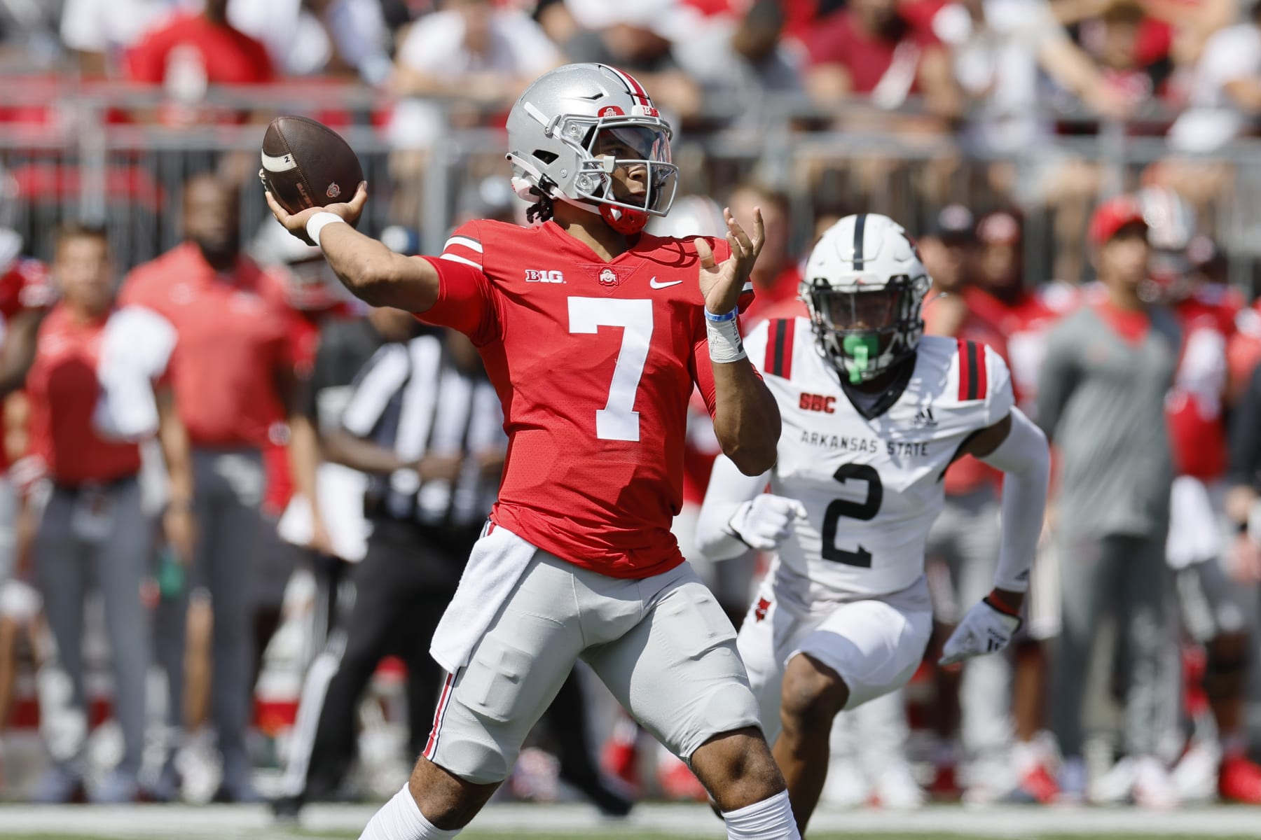 Ohio State quarterback C.J. Stroud plays against Arkansas State during an NCAA college football game Saturday, Sept. 10, 2022, in Columbus, Ohio. (AP Photo/Jay LaPrete) Ohio State quarterback C.J. Stroud plays against Arkansas State during an NCAA college football game Saturday, Sept. 10, 2022, in Columbus, Ohio. (AP Photo/Jay LaPrete)