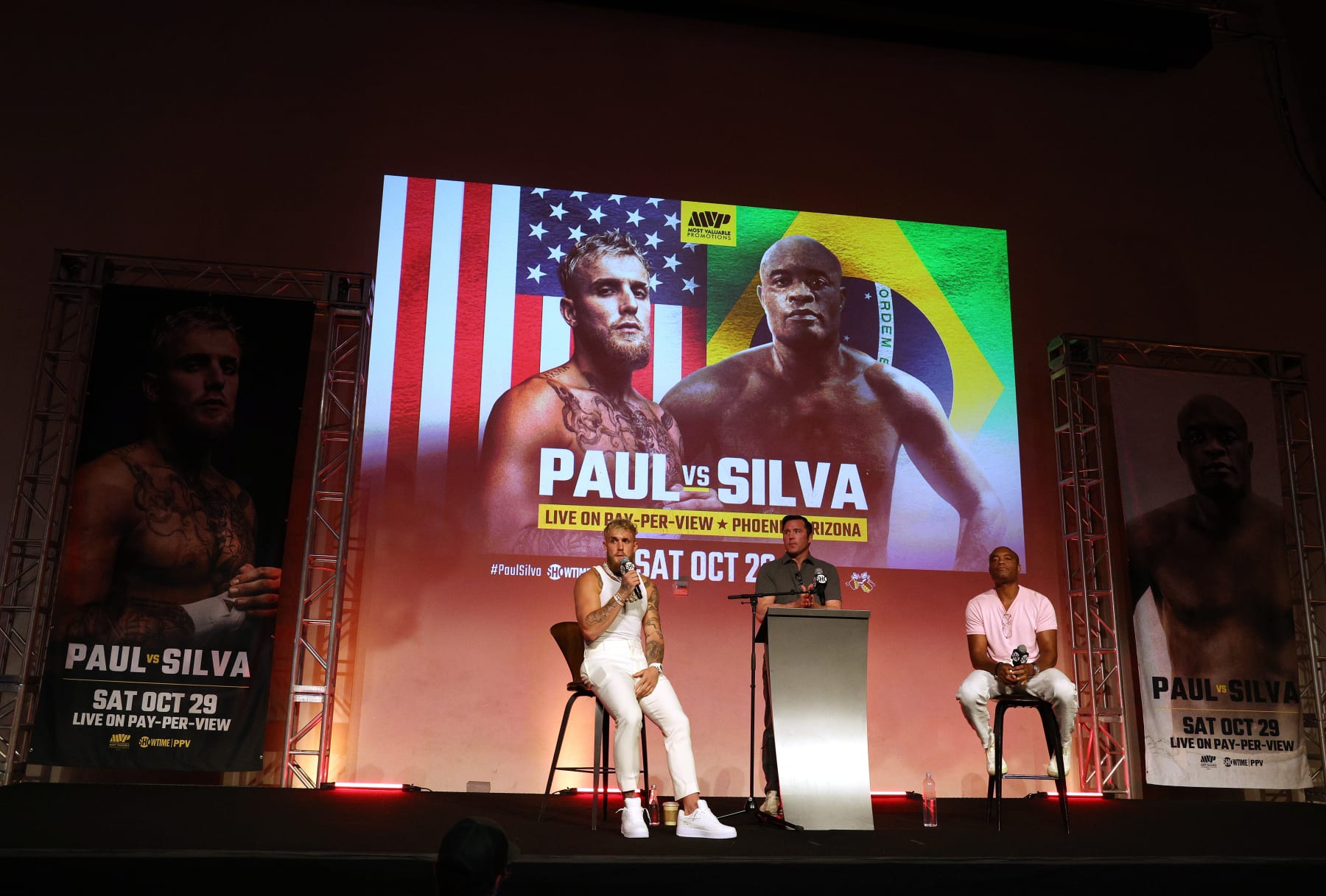 HOLLYWOOD, CALIFORNIA - SEPTEMBER 12: Jake Paul and Anderson SIlva with promoter Chael Sonnen during a Jake Paul v Anderson Silva press conference at NeueHouse Hollywood on September 12, 2022 in Hollywood, California. (Photo by Harry How/Getty Images)