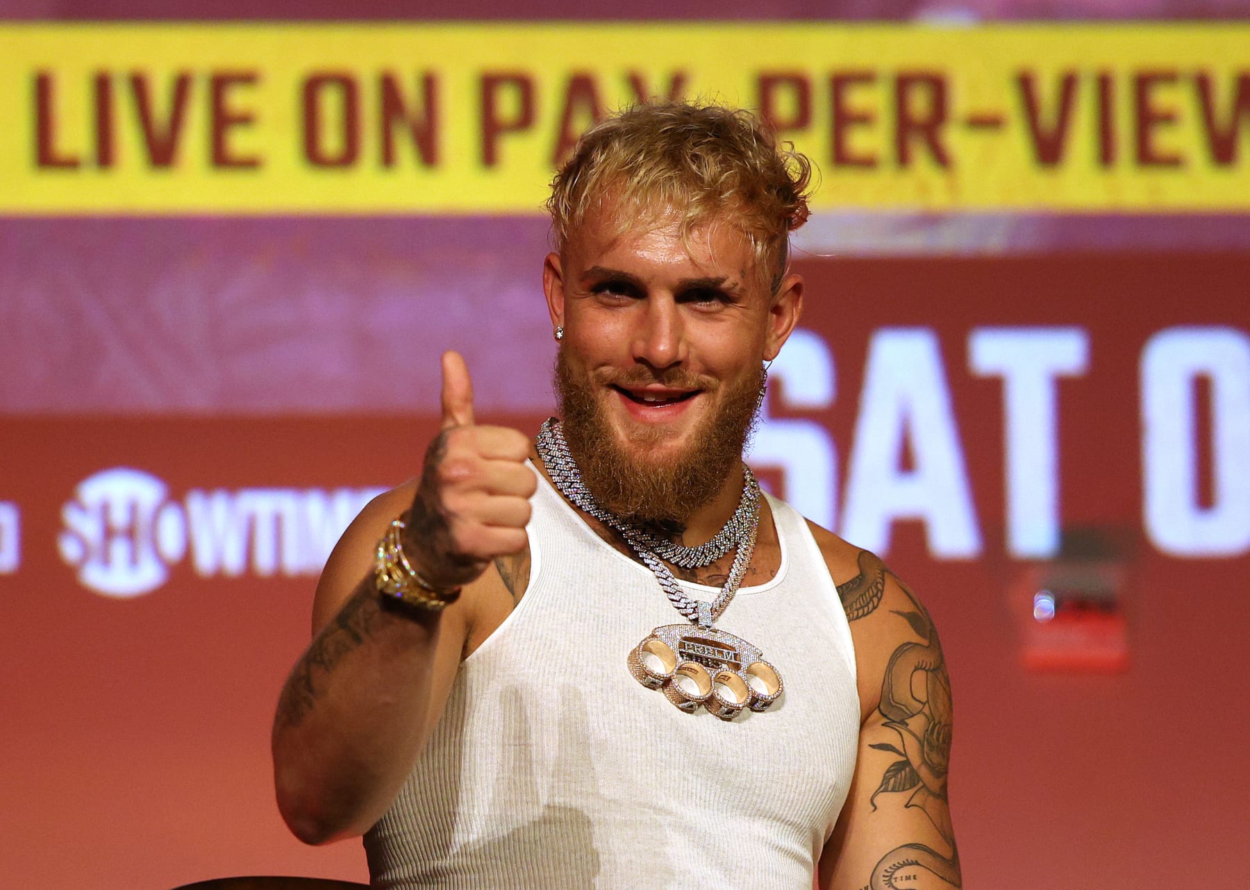 HOLLYWOOD, CALIFORNIA - SEPTEMBER 12: Jake Paul reacts during a Jake Paul v Anderson Silva press conference at NeueHouse Hollywood on September 12, 2022 in Hollywood, California. (Photo by Harry How/Getty Images)