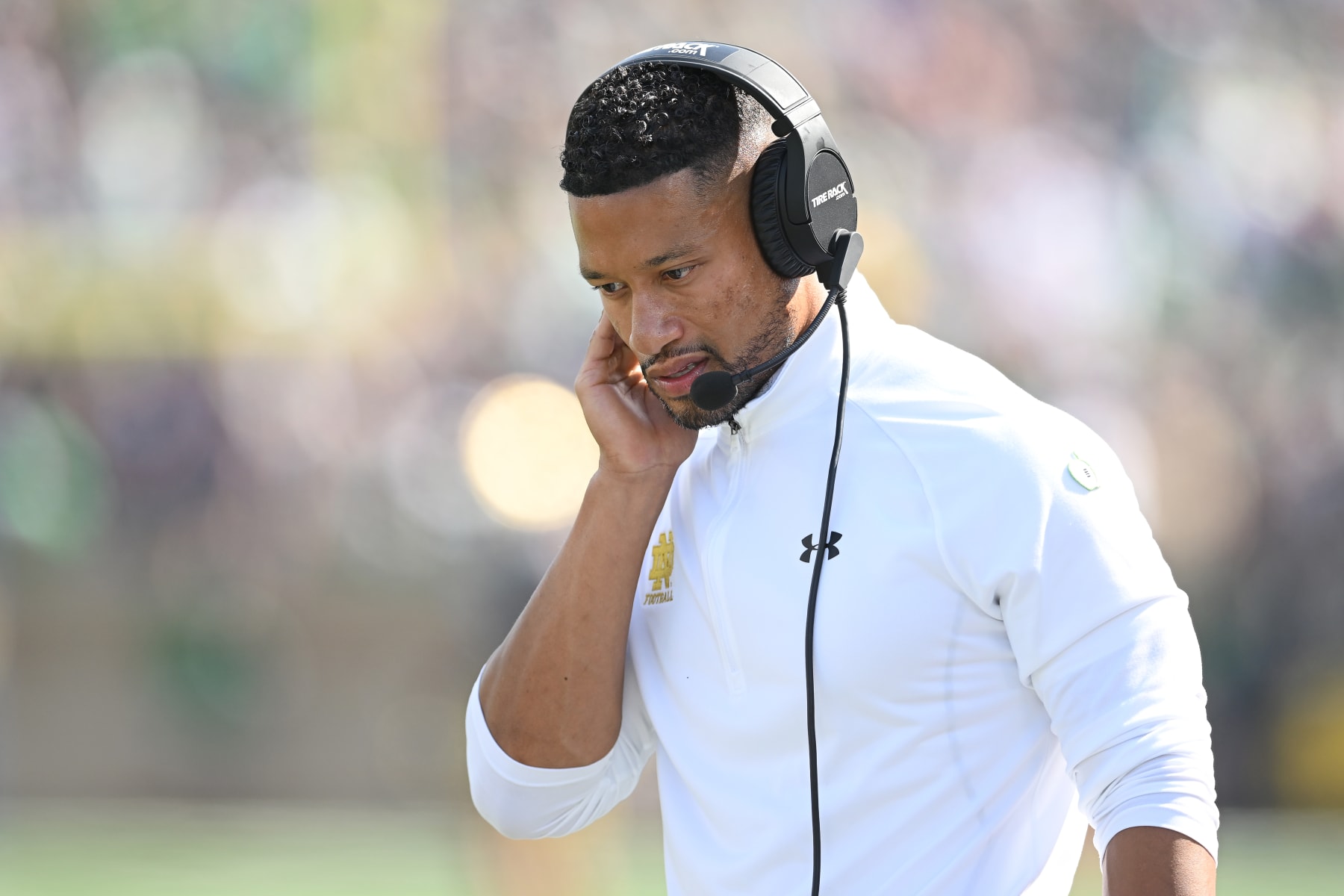SOUTH BEND, IN - SEPTEMBER 10: Notre Dame Fighting Irish head coach Marcus Freeman talks into his headset in action during a game between the Marshall Thundering Herd and the Notre Dame Fighting Irish on September 10, 2022 at Notre Dame Stadium in South Bend, IN. (Photo by Robin Alam/Icon Sportswire via Getty Images)