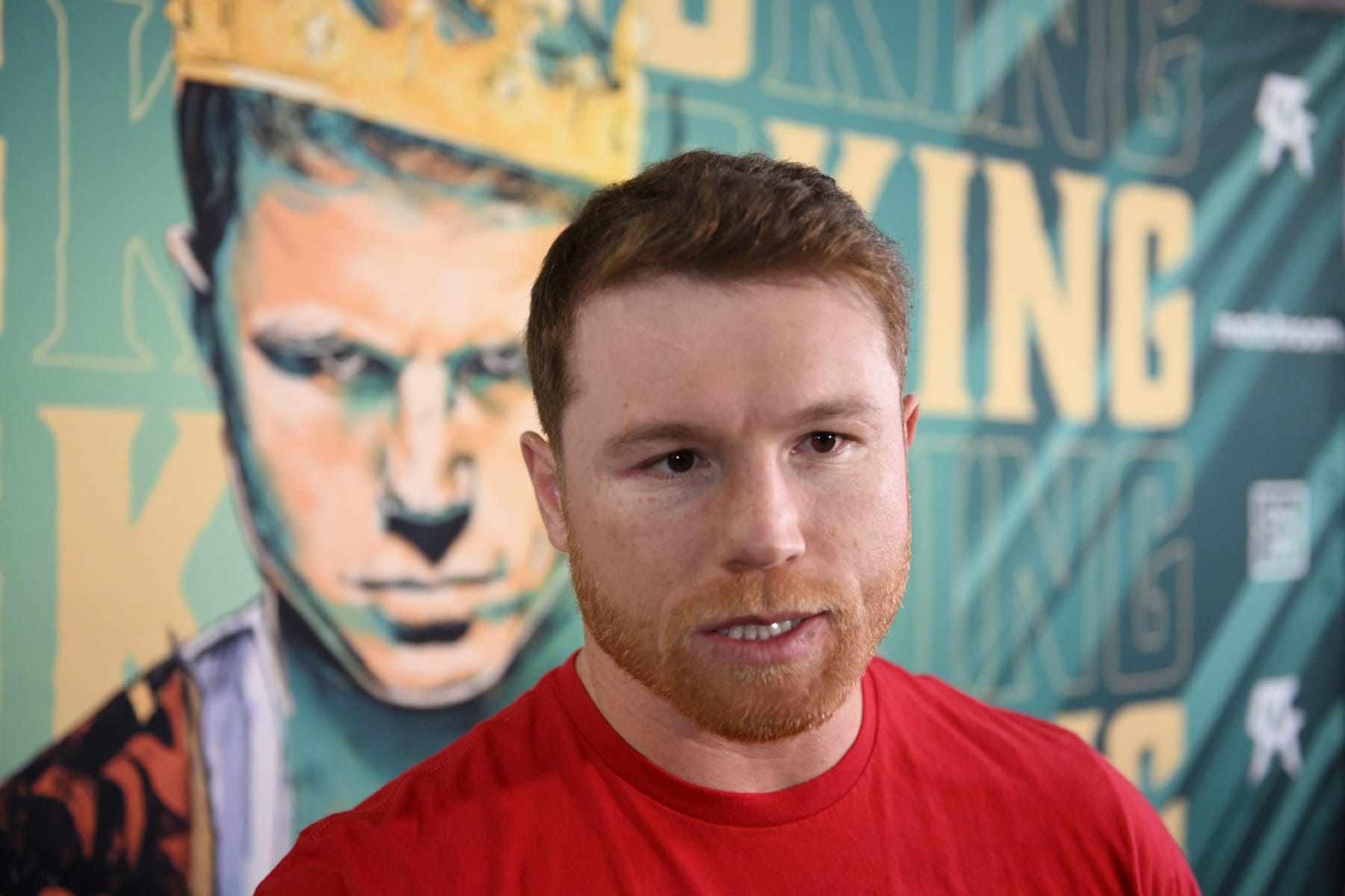 SAN DIEGO, CA - AUGUST 29: Canelo Alvarez does interviews before a media workout at the House of Boxing August 29, 2022 in San Diego, California. (Photo by Denis Poroy/Getty Images)