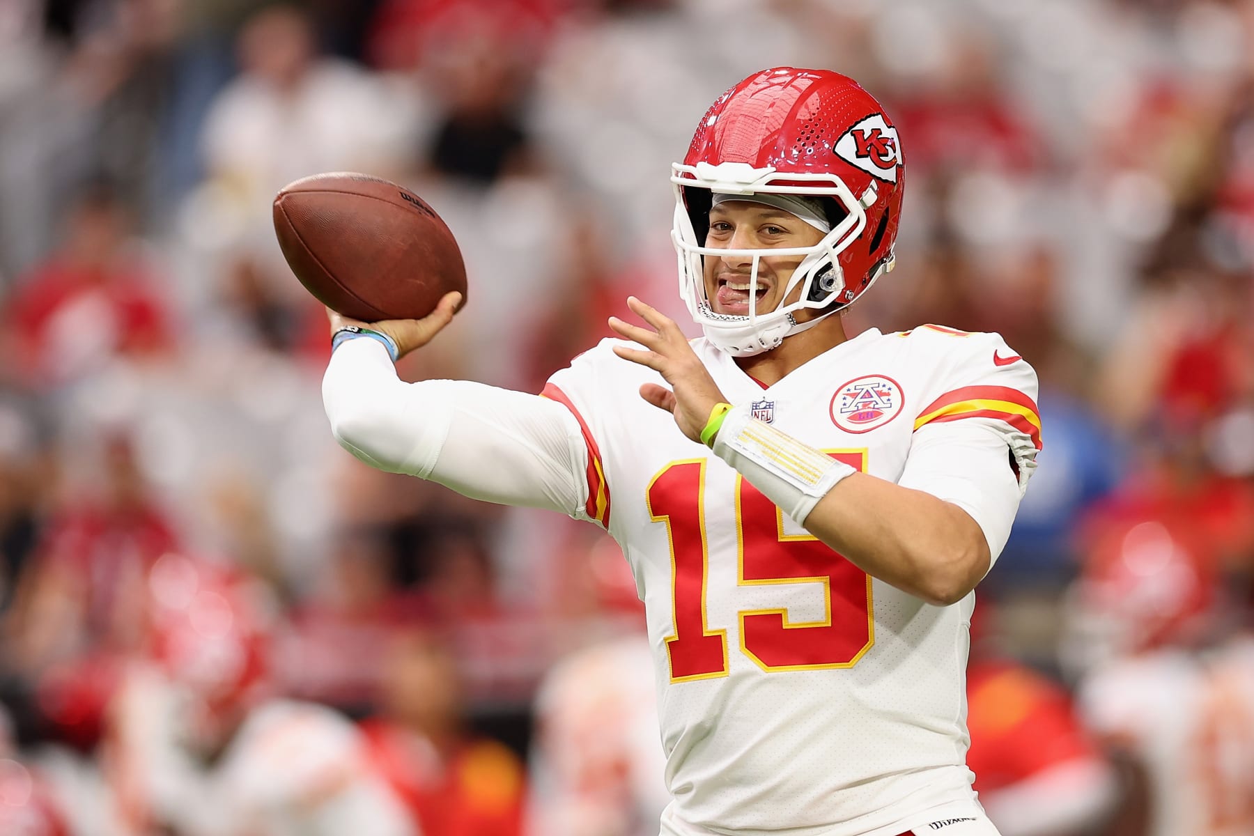 Kansas City Chiefs quarterback Patrick Mahomes (15) talks with quarterback  Chad Henne (4) on the sideline during an NFL football game against the Las  Vegas Raiders, Sunday, Nov. 14, 2021, in Las