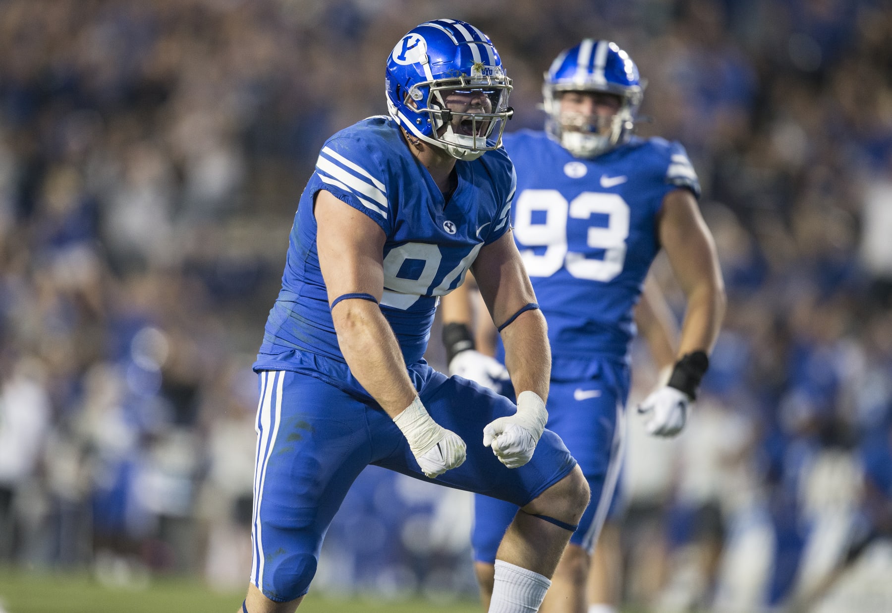 PROVO, UT- SEPTEMBER 10: John Nelson #94 of the Brigham Young Cougars celebrates sacking Blake Shapen of the Baylor Bears during the second half of their game at LaVell Edwards Stadium on September 10, 2022 in Provo, Utah. (Photo by Chris Gardner/Getty Images)