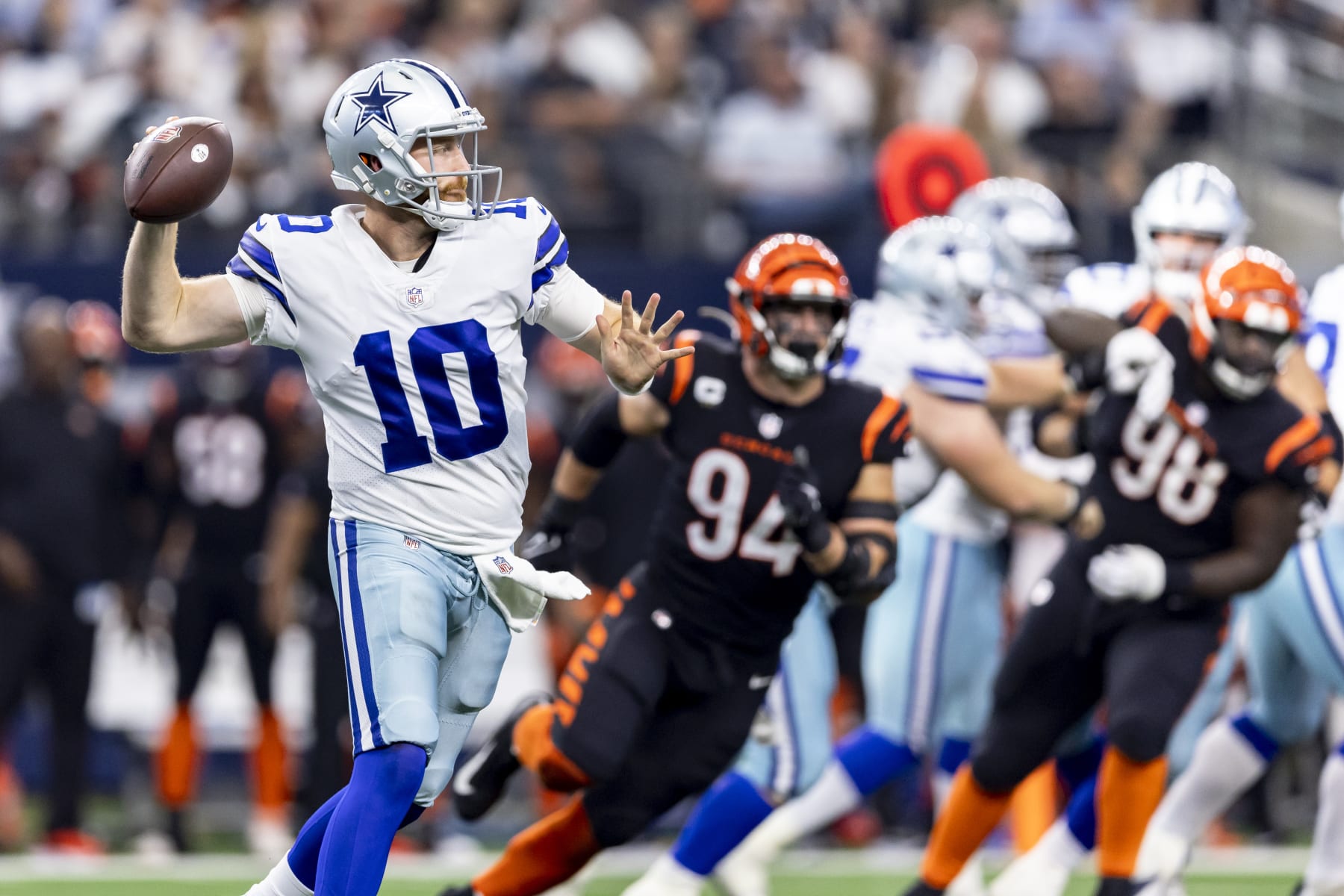Dallas Cowboys quarterback Cooper Rush (10) throws during an NFL football game against the Cincinnati Bengals, Sunday, Sept. 18, 2022, in Arlington, Texas. Dallas won 20-17. (AP Photo/Brandon Wade)