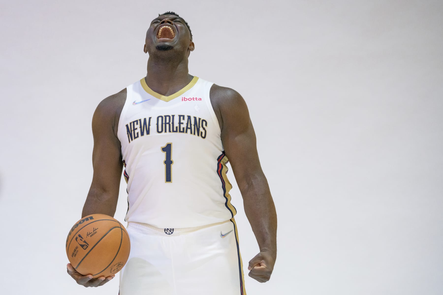 New Orleans Pelicans forward Zion Williamson (1) appears during the NBA Pelicans Media Day in New Orleans, Monday, Sept. 27, 2021. (AP Photo/Matthew Hinton) New Orleans Pelicans forward Zion Williamson (1) appears during the NBA Pelicans Media Day in New Orleans, Monday, Sept. 27, 2021. (AP Photo/Matthew Hinton)