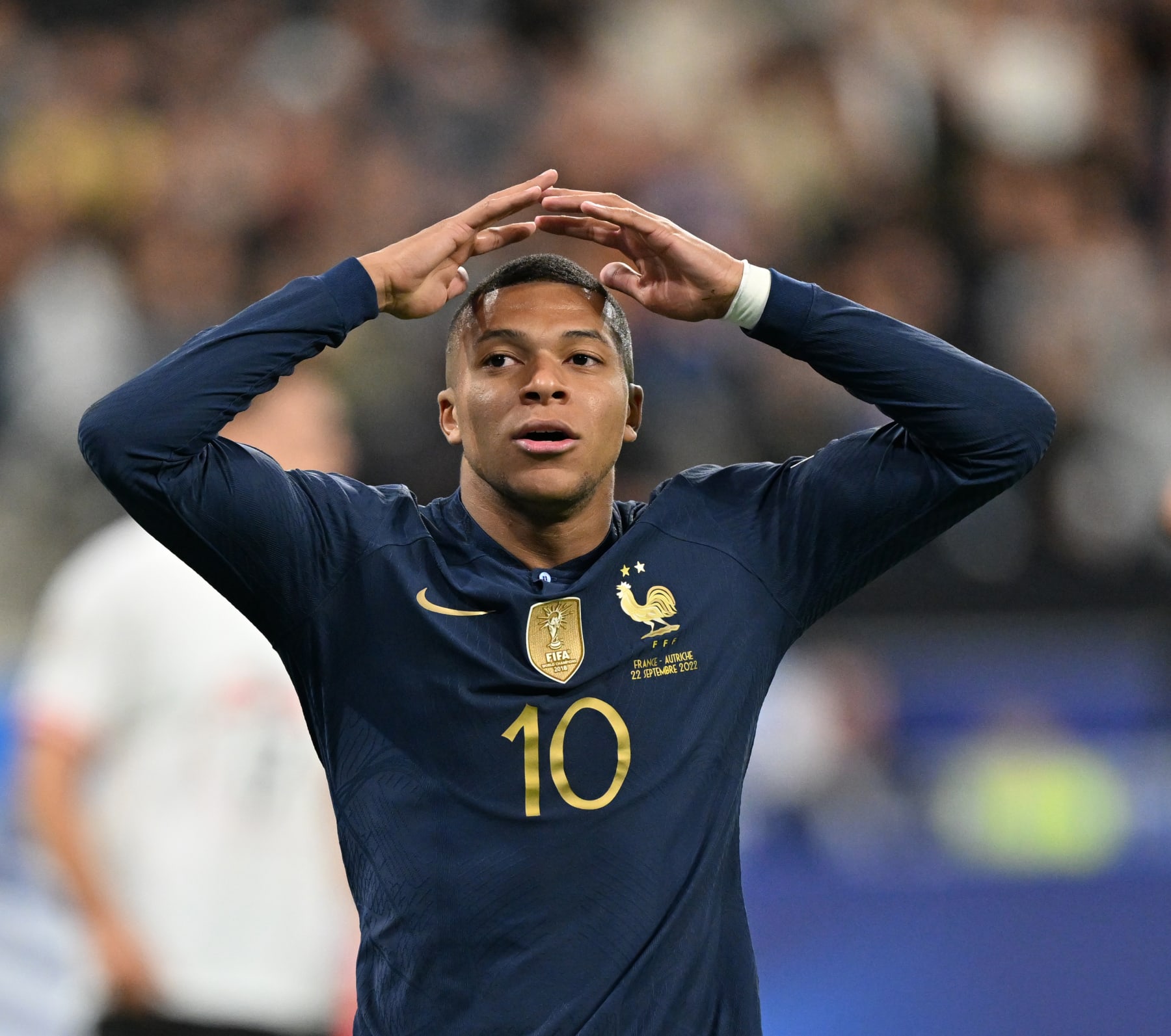 PARIS, FRANCE - SEPTEMBER 22: Kylian Mbappe of France reacts during the UEFA Nations League, League A Group 1 match between France and Austria at Stade de France in Saint-Denis, north of Paris, France on September 22, 2022. (Photo by Mustafa Yalcin/Anadolu Agency via Getty Images)