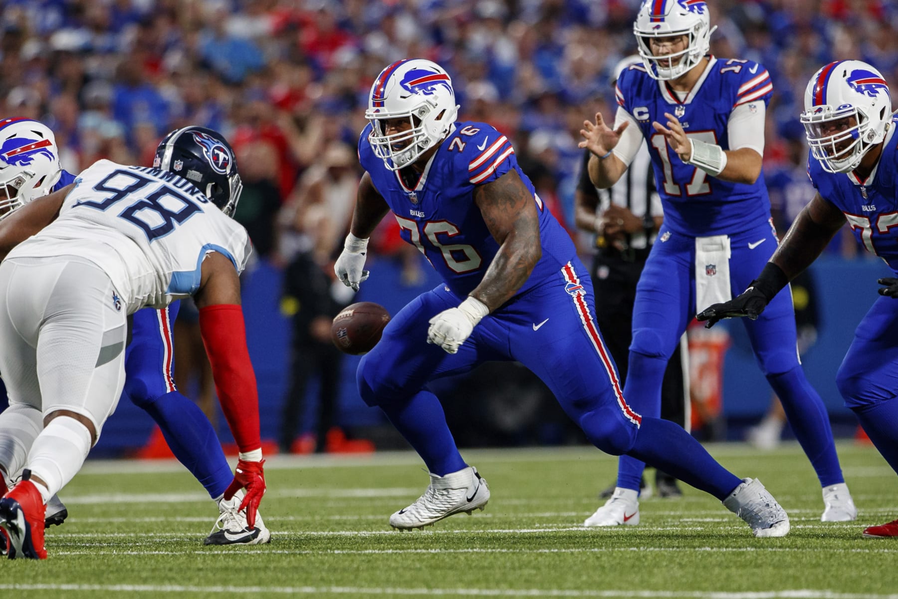 Buffalo Bills guard Rodger Saffold (76) reacts after defeating the