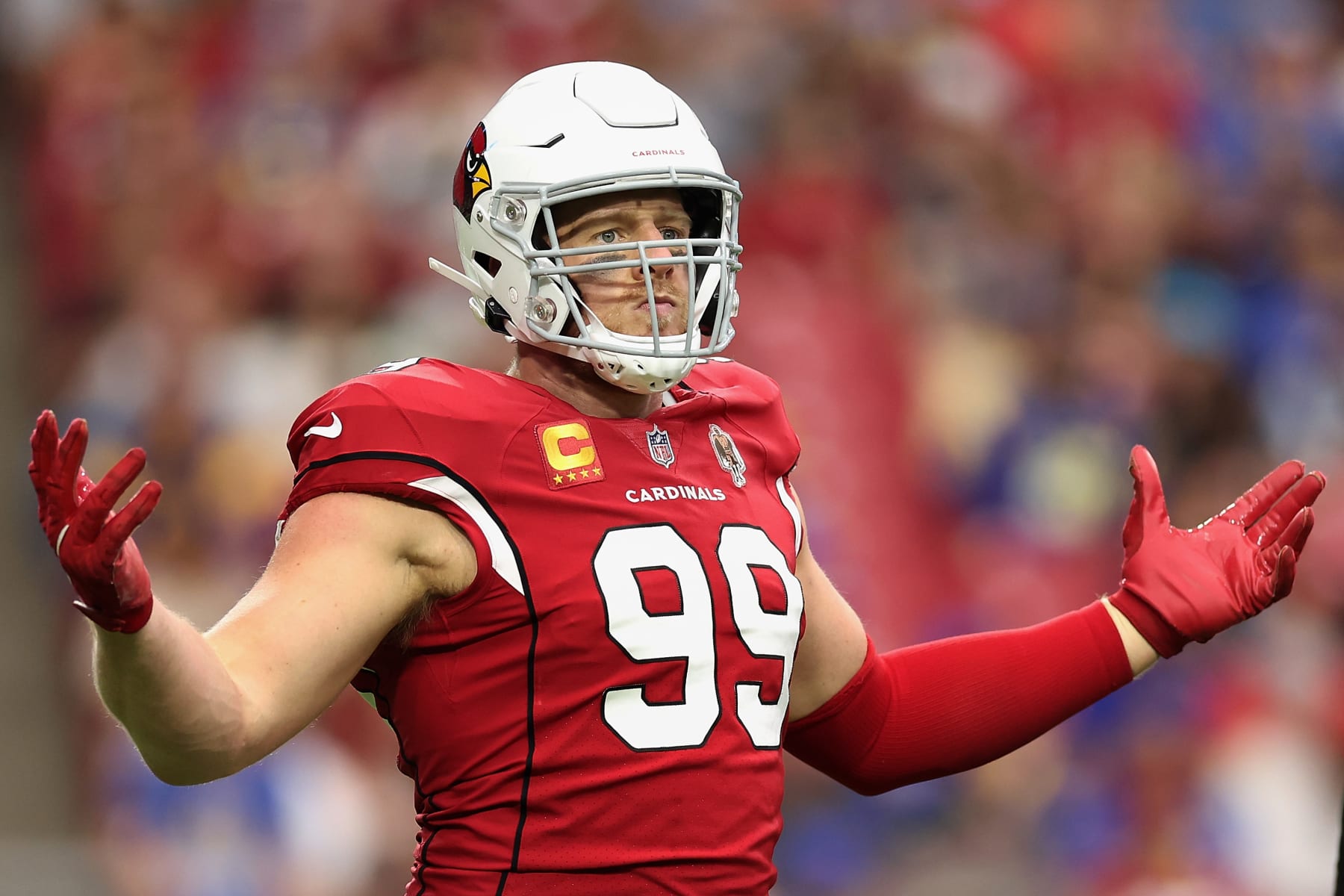 Arizona Cardinals defensive end J.J. Watt (99) in his three point stance  against the Tennessee Titans during the second half of an NFL football  game, Sunday, Sep. 12, 2021, in Nashville, Tenn. (