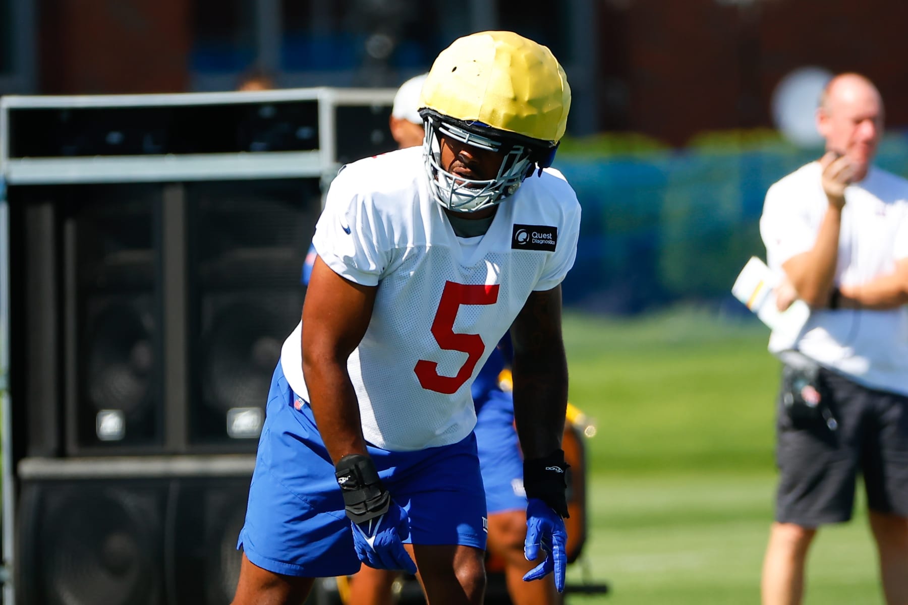EAST RUTHERFORD, NJ - JULY 30: Kayvon Thibodeaux (5) New York Giants linebacker during training camp on July 30, 2022 at Quest Diagnostics Training Center in East Rutherford, New Jersey. (Photo by Rich Graessle/Icon Sportswire via Getty Images)