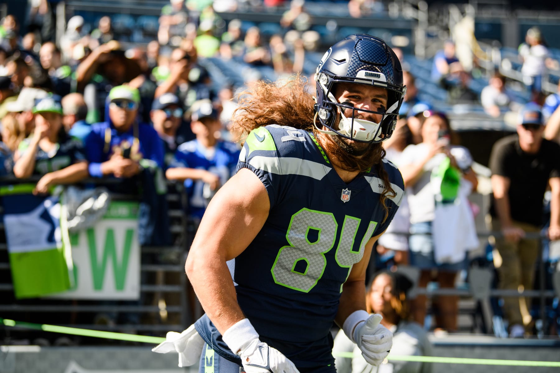 Seattle Seahawks tight end Colby Parkinson (84) stands on the