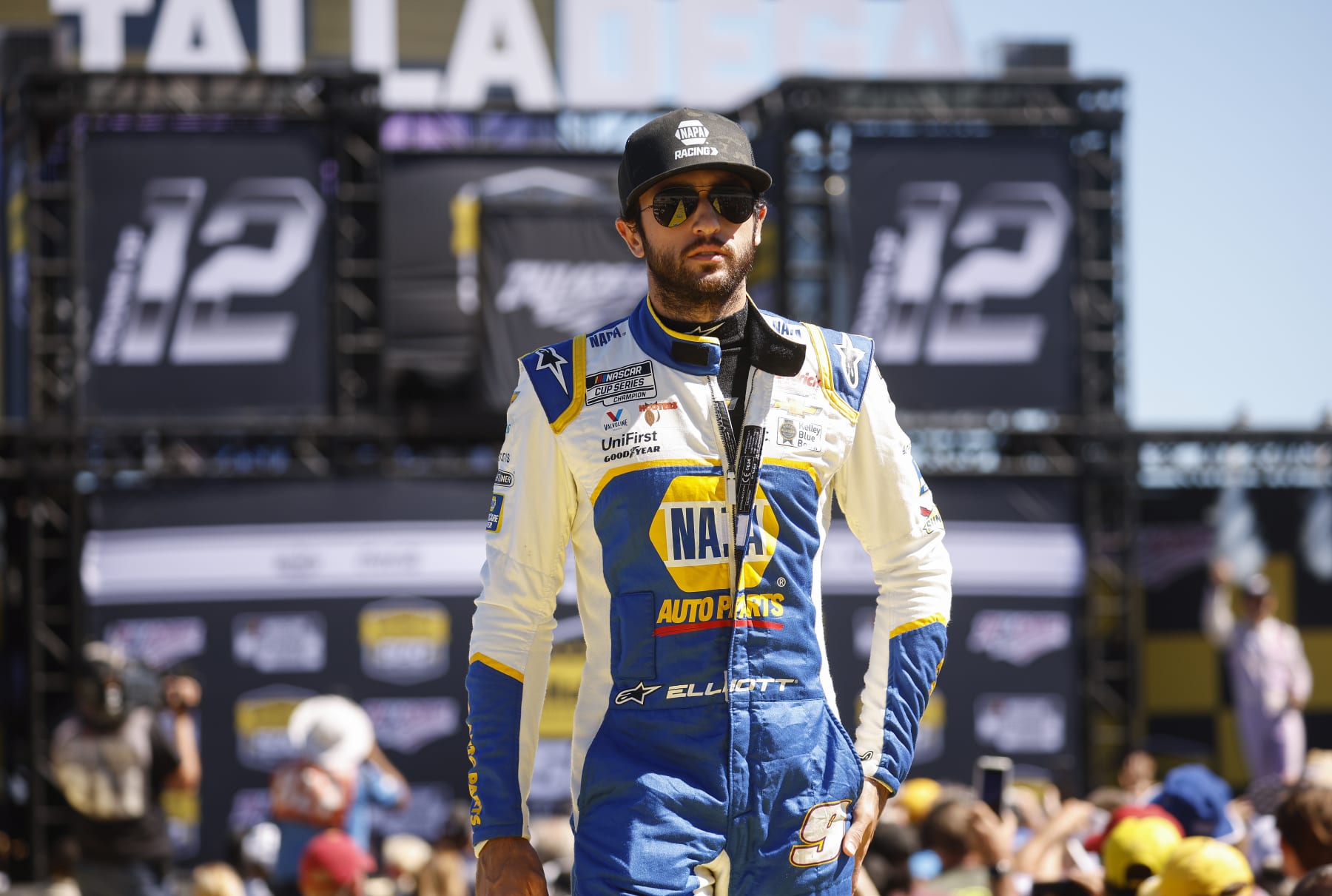 TALLADEGA, ALABAMA - OCTOBER 02: Chase Elliott, driver of the #9 NAPA Auto Parts Chevrolet, walks onstage during driver intros prior to the NASCAR Cup Series YellaWood 500 at Talladega Superspeedway on October 02, 2022 in Talladega, Alabama. (Photo by Chris Graythen/Getty Images)