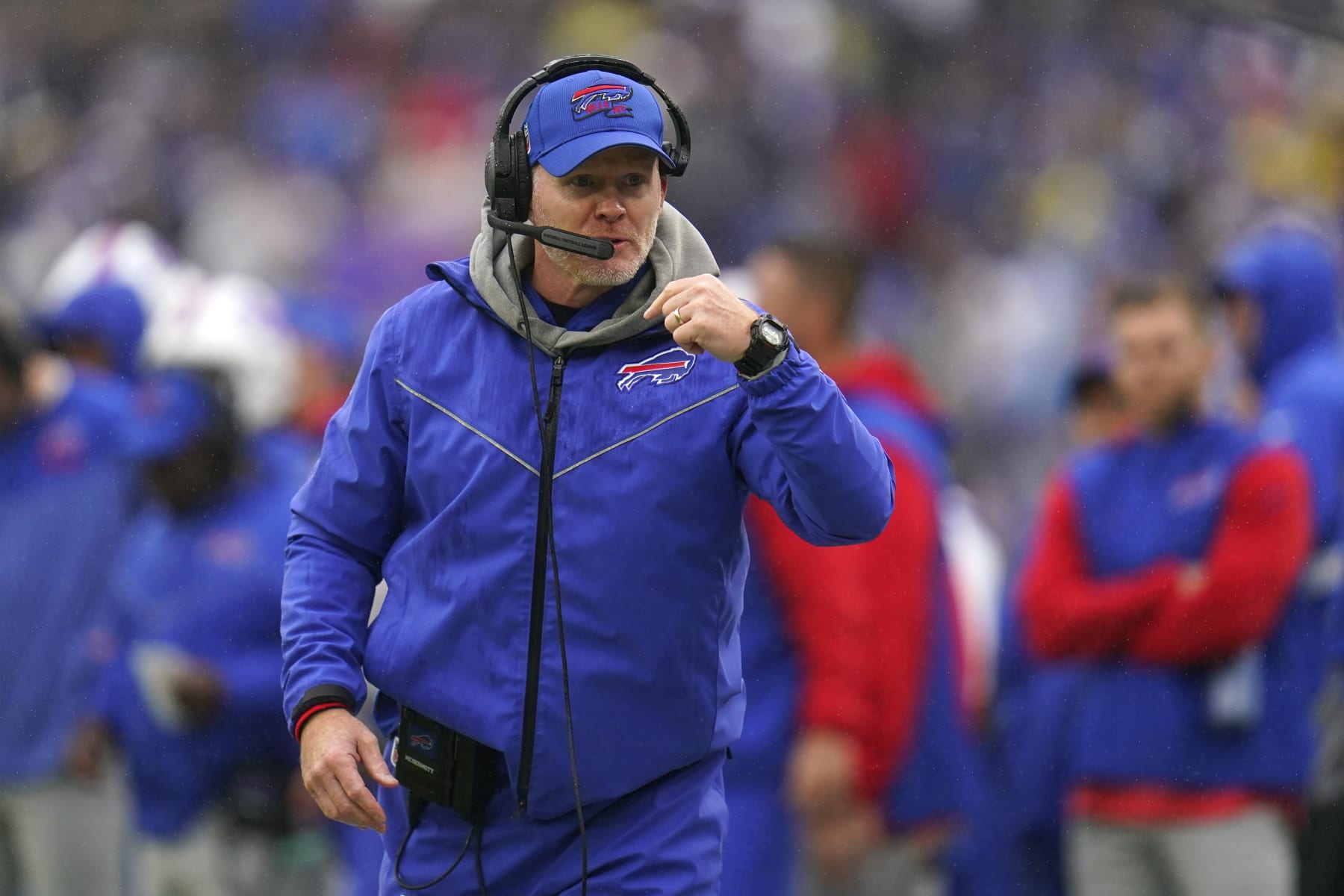 Buffalo Bills head coach Sean McDermott watches from the sideline in the first half of an NFL football game against the Baltimore Ravens Sunday, Oct. 2, 2022, in Baltimore. (AP Photo/Julio Cortez)