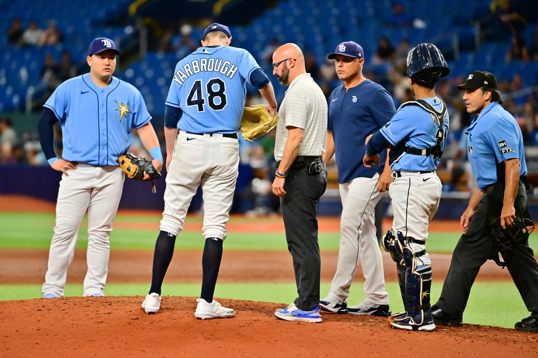 Playoff logo painted on Tropicana Field ahead of Rays' wild-card games