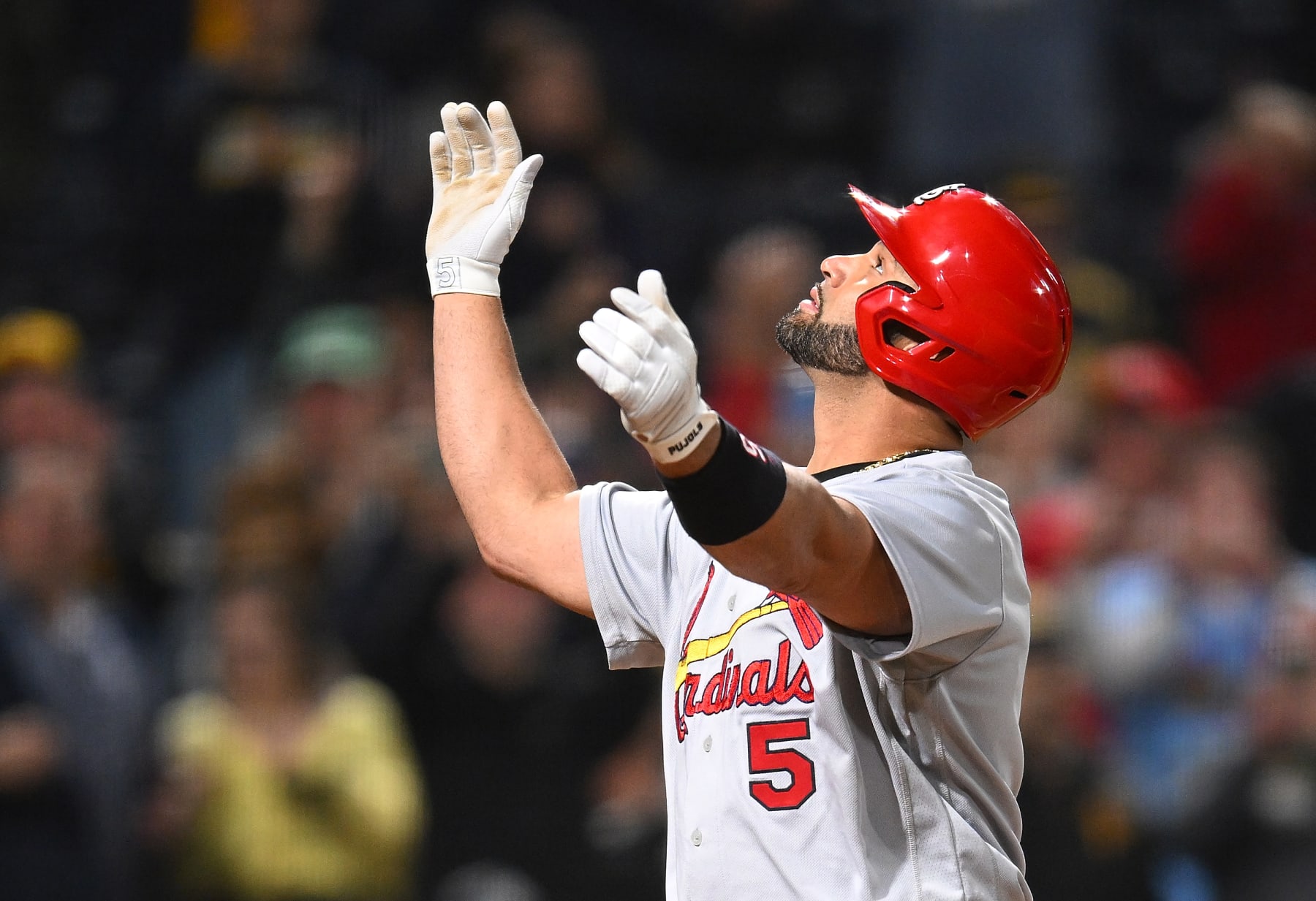 PITTSBURGH, PA - OCTOBER 03:  Albert Pujols #5 of the St. Louis Cardinals celebrates his two-run home run during the sixth inning against the Pittsburgh Pirates at PNC Park on October 3, 2022 in Pittsburgh, Pennsylvania. (Photo by Joe Sargent/Getty Images)