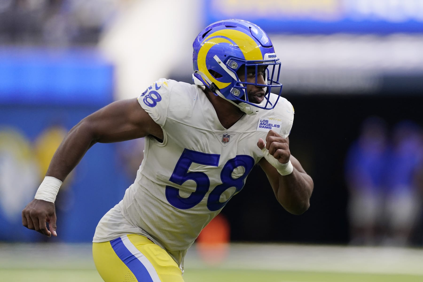 Los Angeles Rams outside linebacker Justin Hollins (58) walks onto