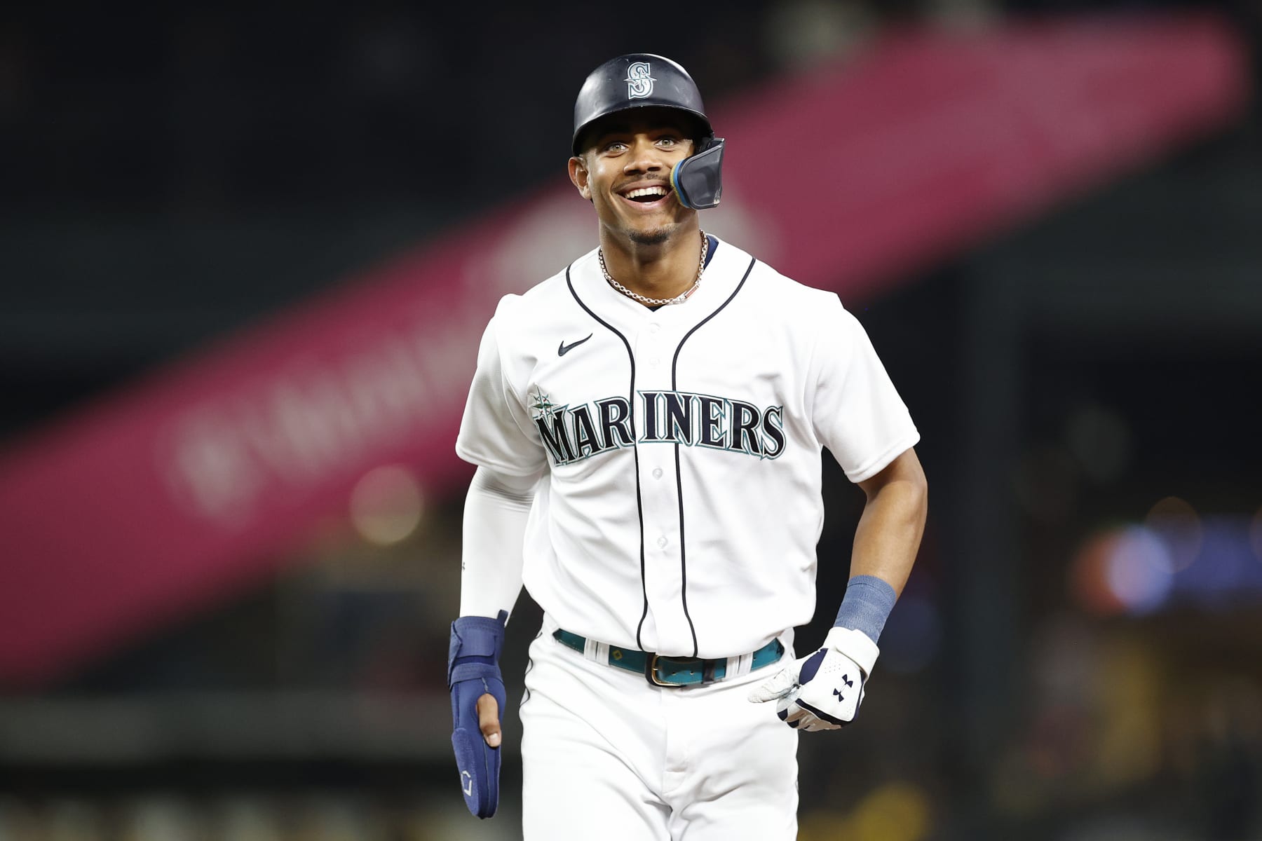 SEATTLE, WASHINGTON - SEPTEMBER 13: Julio Rodriguez #44 of the Seattle Mariners reacts during the ninth inning against the San Diego Padres at T-Mobile Park on September 13, 2022 in Seattle, Washington. (Photo by Steph Chambers/Getty Images)