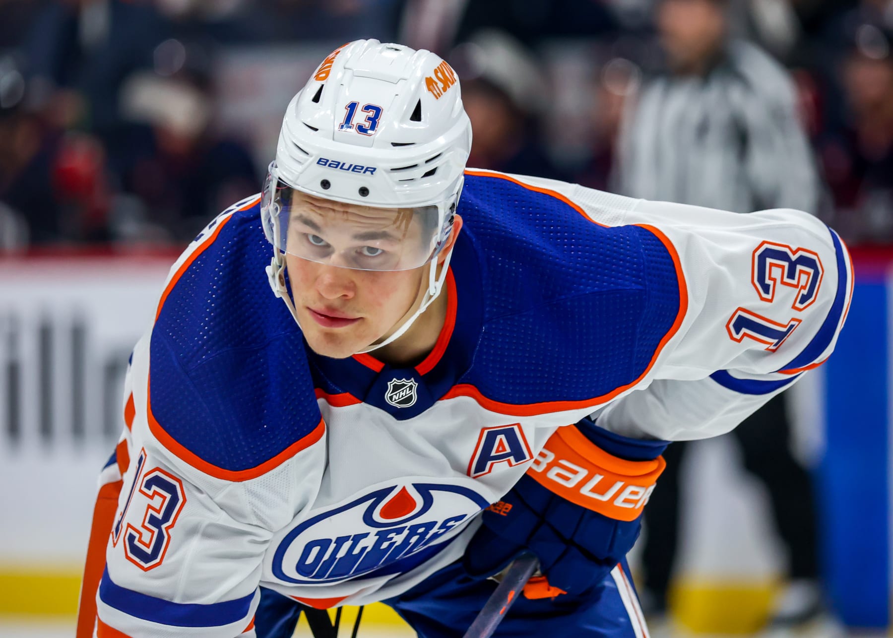 WINNIPEG, CANADA - OCTOBER 01: Jesse Puljujarvi #13 of the Edmonton Oilers prepares for a third period face-off against the Winnipeg Jets in a pre-season game at Canada Life Centre on October 01, 2022 in Winnipeg, Manitoba, Canada. (Photo by Jonathan Kozub/NHLI via Getty Images)
